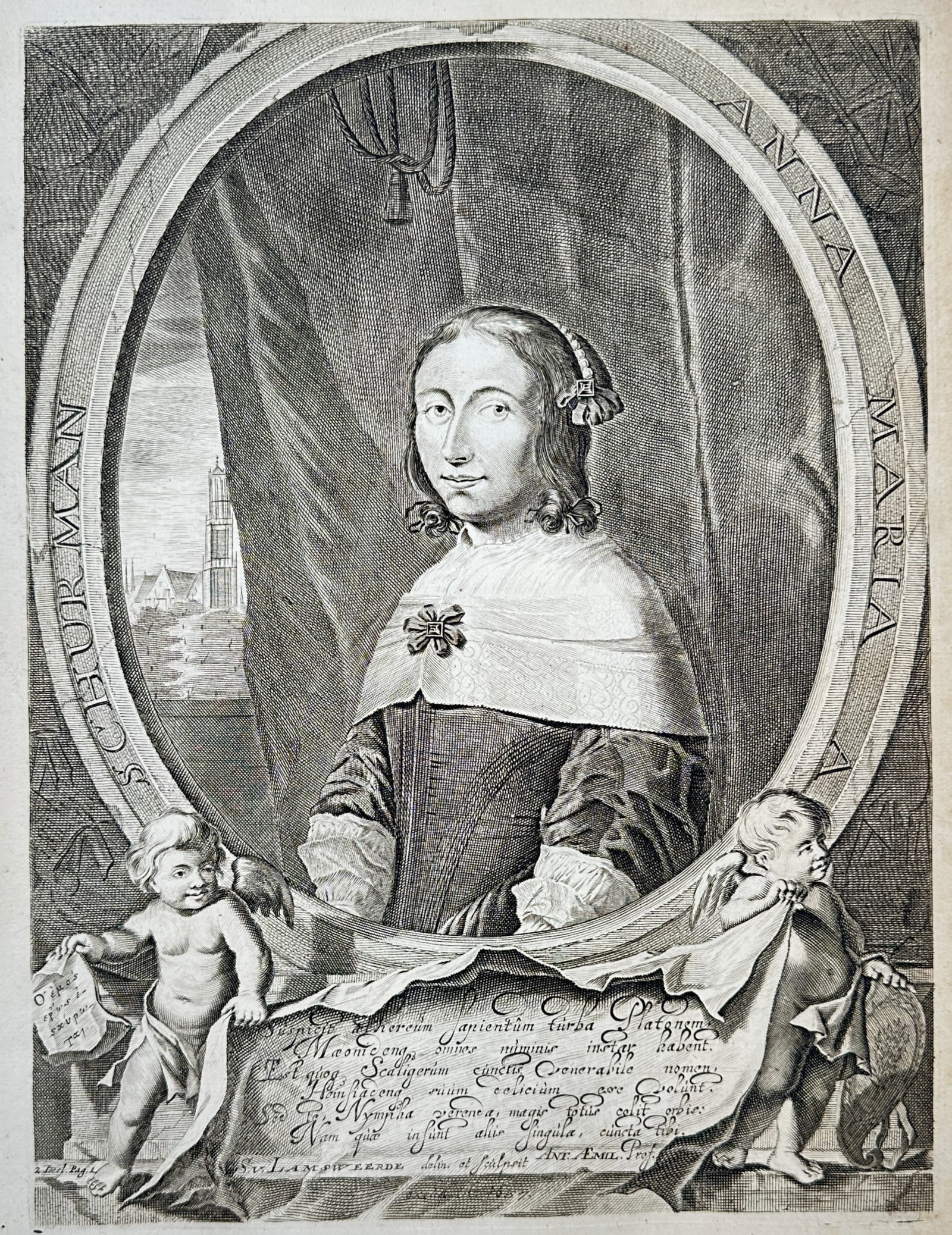 Steven van Lamsweerde – Portrait of Anna Maria van Schurman – Engraving (17th Century) (1 of 3)