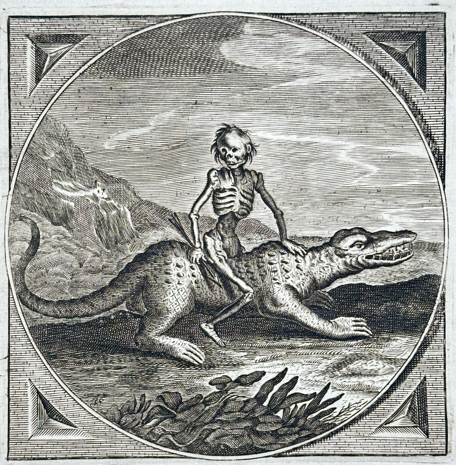 Jacob Cats – Nescit Habere Modum – Engraving (17th Century): "Nescit Habere Modum" This emblem print illustrates a skeletal figure riding atop a large crocodile in a coastal landscape within a circular border. The composition uses this allegorical imagery surro
