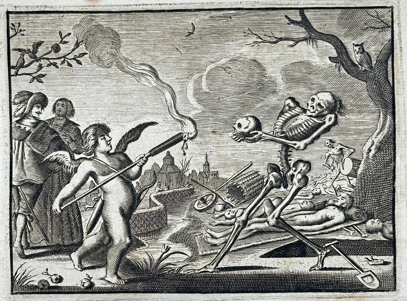 Jacob Cats – Verschil Tusschen – Engraving (17th Century): "Verschil Tusschen" This emblem print illustrates Cupid with his bow and arrows standing opposite a skeletal figure of Death holding a skull and hour glass in an open landscape. The composition utiliz