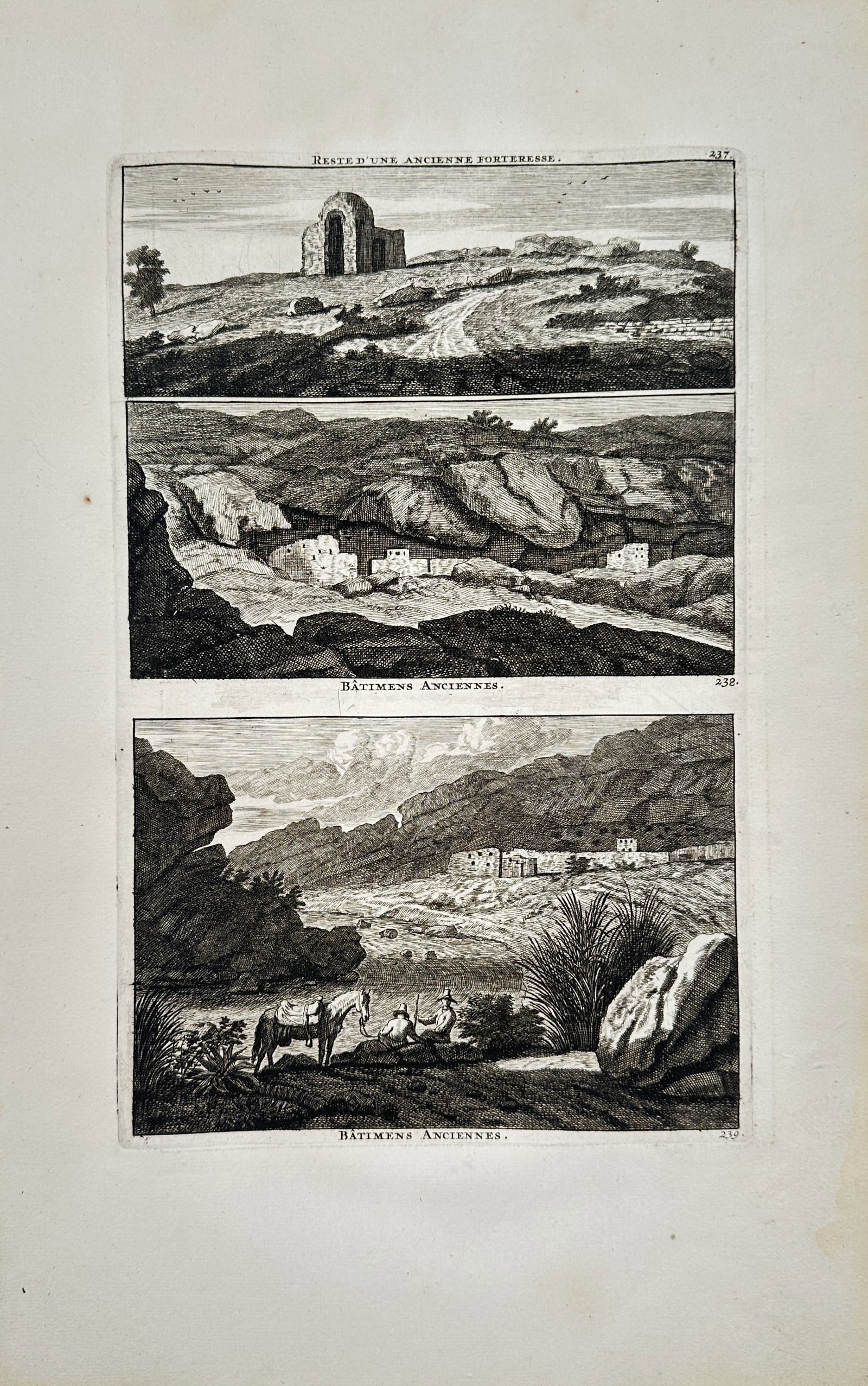 Cornelis de Bruyn – Remains of an Ancient Fortress and Ancient Buildings – Engraving: "Remains of an Ancient Fortress and Ancient Buildings" This print features multiple landscape panels depicting crumbling stone fortresses, ancient structures, and rugged terrains with figures and a ho