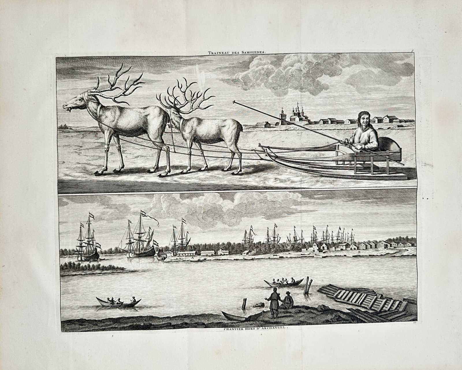 Cornelis de Bruyn – Samoyedic Sled and Shipyard of Archangel – Engraving (18th Century) (1 of 2)