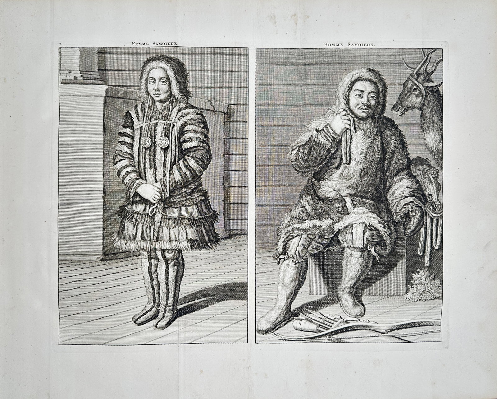 Cornelis de Bruyn – Samoyedic Woman and Samoyedic Man – Engraving (18th Century): "Samoyedic Woman and Samoyedic Man" This print features two distinct portrait panels illustrating the traditional attire and appearance of a native northern woman and man clad in heavy, fur-lined garm