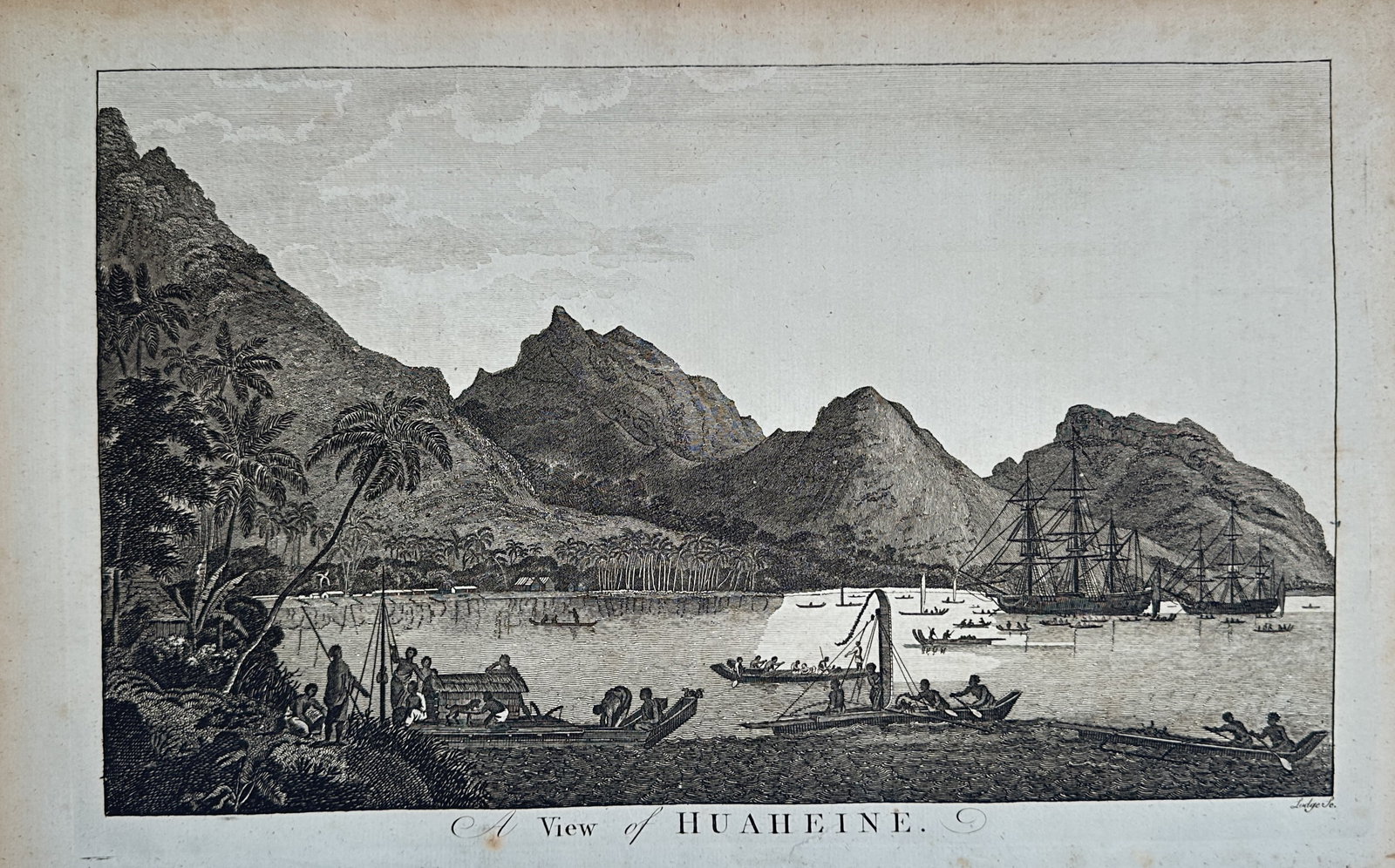 John Webber – A View of Huaheine – Engraving (18th Century): "A View of Huaheine" This landscape print depicts a scenic coastal bay in French Polynesia with European sailing vessels and native canoes navigating the waters near a mountainous shoreline. The compo