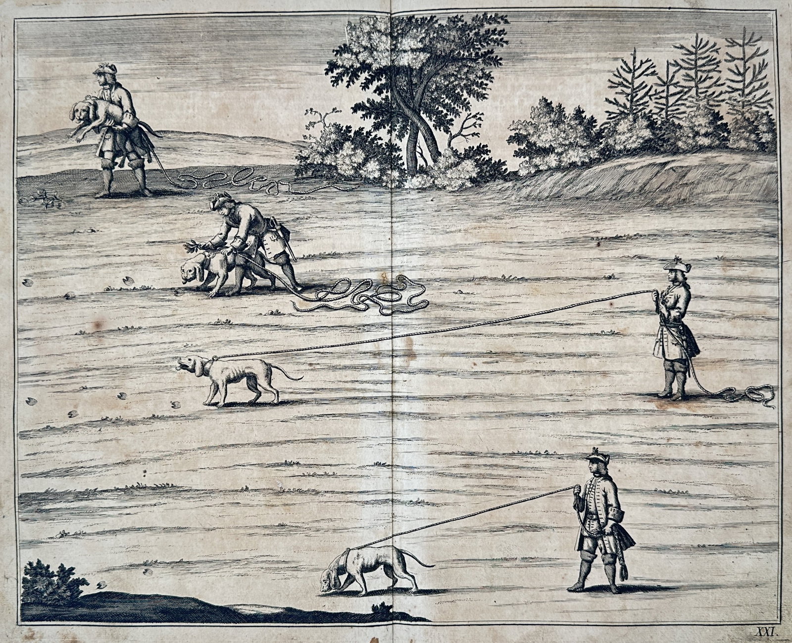Hans Friedrich von Fleming – Hunting Dogs on Leash – Engraving (1719) (1 of 2)