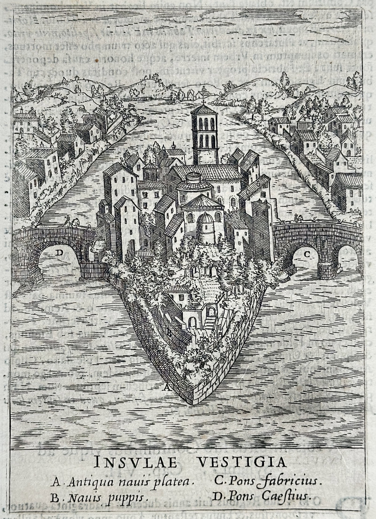 Alessandro Donati – Ruins of Tiber Island – Engraving (17th Century): "Insulae Vestigia" This archaeological print illustrates the historic Tiber Island in Rome depicted in its classical ship-like form with stone bridges connecting it to the riverbanks. The work comes f