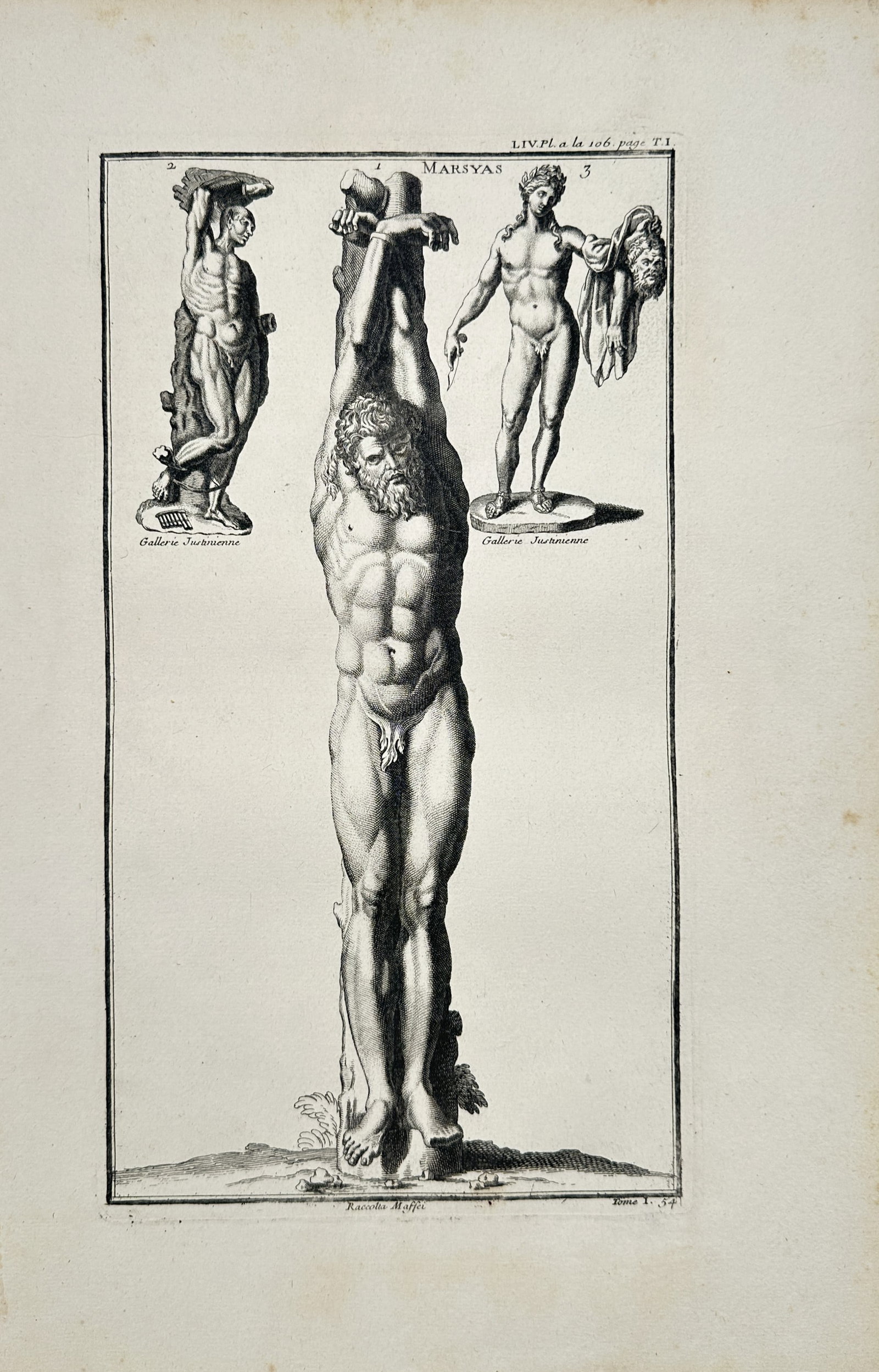 Bernard de Montfaucon – Statues of Marsyas – Engraving (18th Century): "Marsyas" This classical print illustrates several ancient sculpted depictions of the mythological satyr Marsyas bound to a tree and represented in classical proportions. The work comes from a compreh