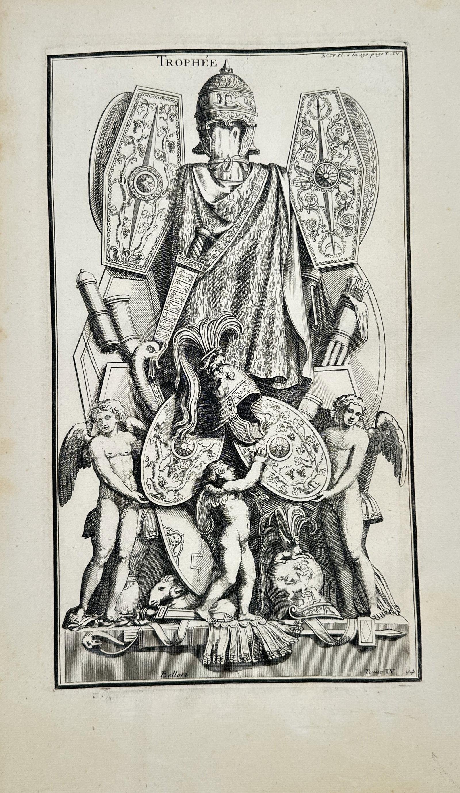 Bernard de Montfaucon – Military Trophy – Engraving (18th Century): "Trophy" This classical print illustrates an elaborate display of ancient military armor, including a decorated helmet, cuirass, shields, and weapons supported by winged figures. The work comes from a