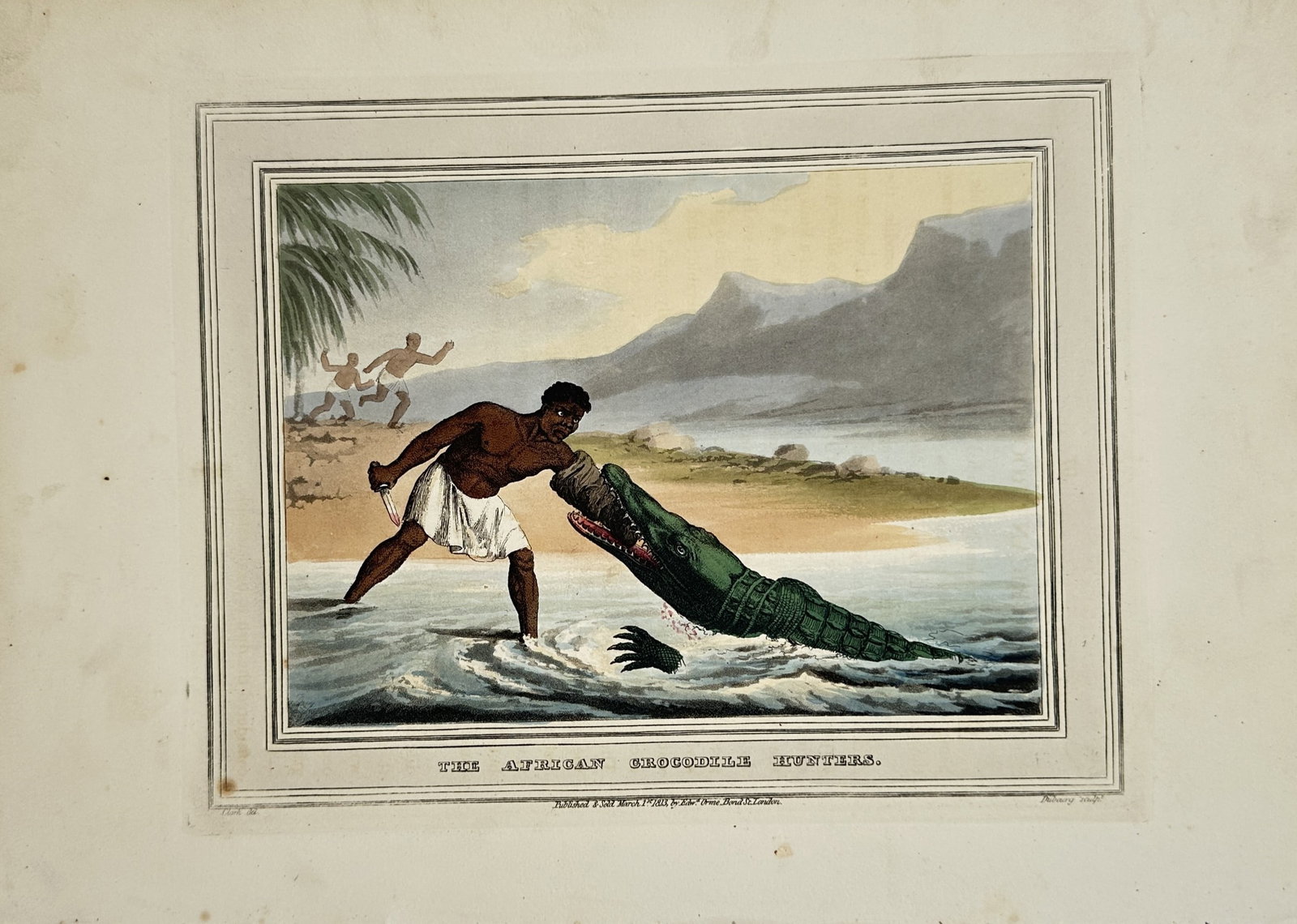 John Heaviside Clark – The African Crocodile Hunters – Aquatint (1813): "The African Crocodile Hunters" This dramatic narrative scene depicts an African hunter engaging in a perilous battle against a large crocodile at the edge of the water. The work comes from the celebr