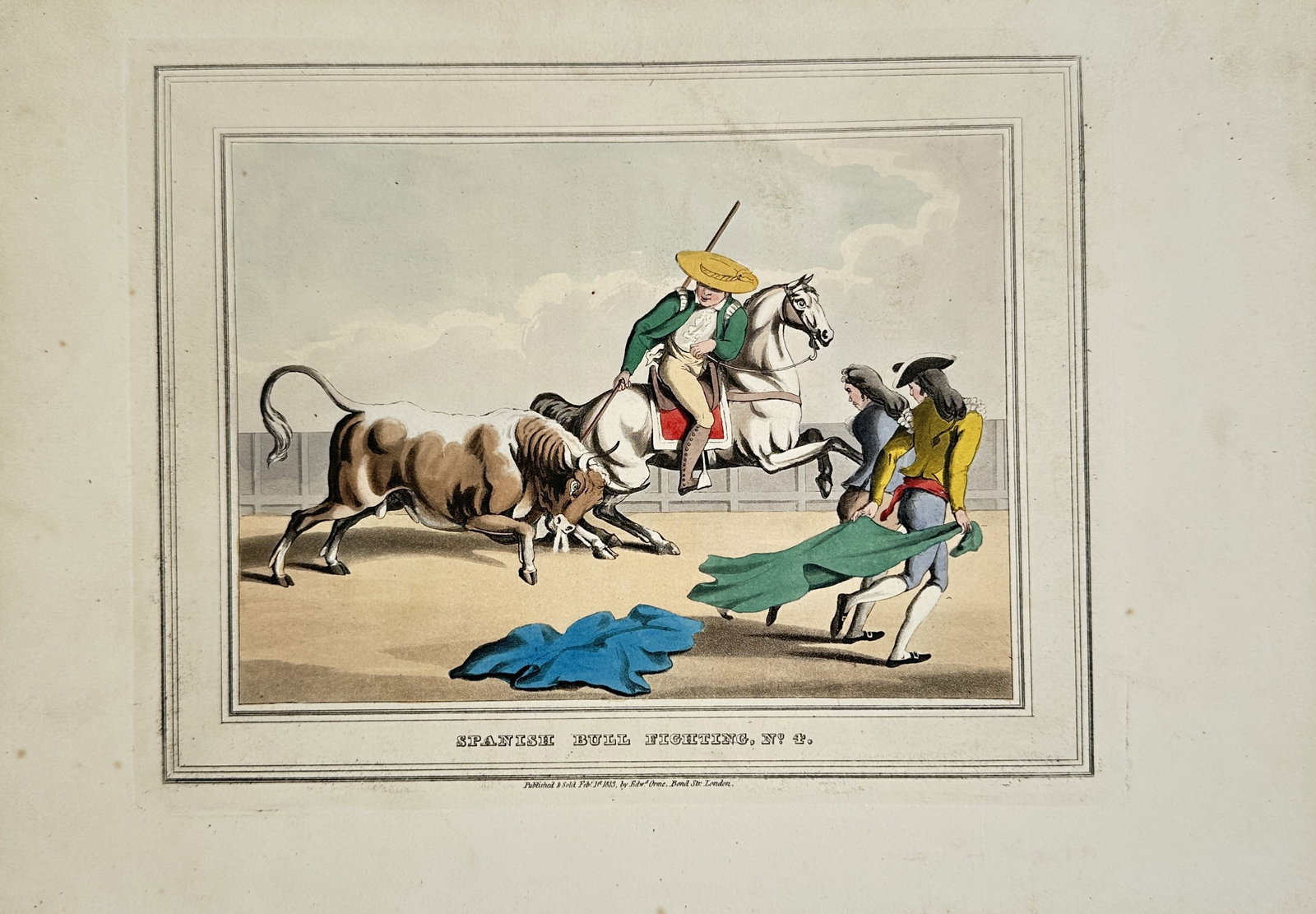 John Heaviside Clark – Spanish Bull Fighting – Aquatint (1813): "Spanish Bull Fighting" This dramatic narrative scene depicts a traditional bullfight with a picador on horseback facing a charging bull while assistants with capes look on. The work comes from the ce
