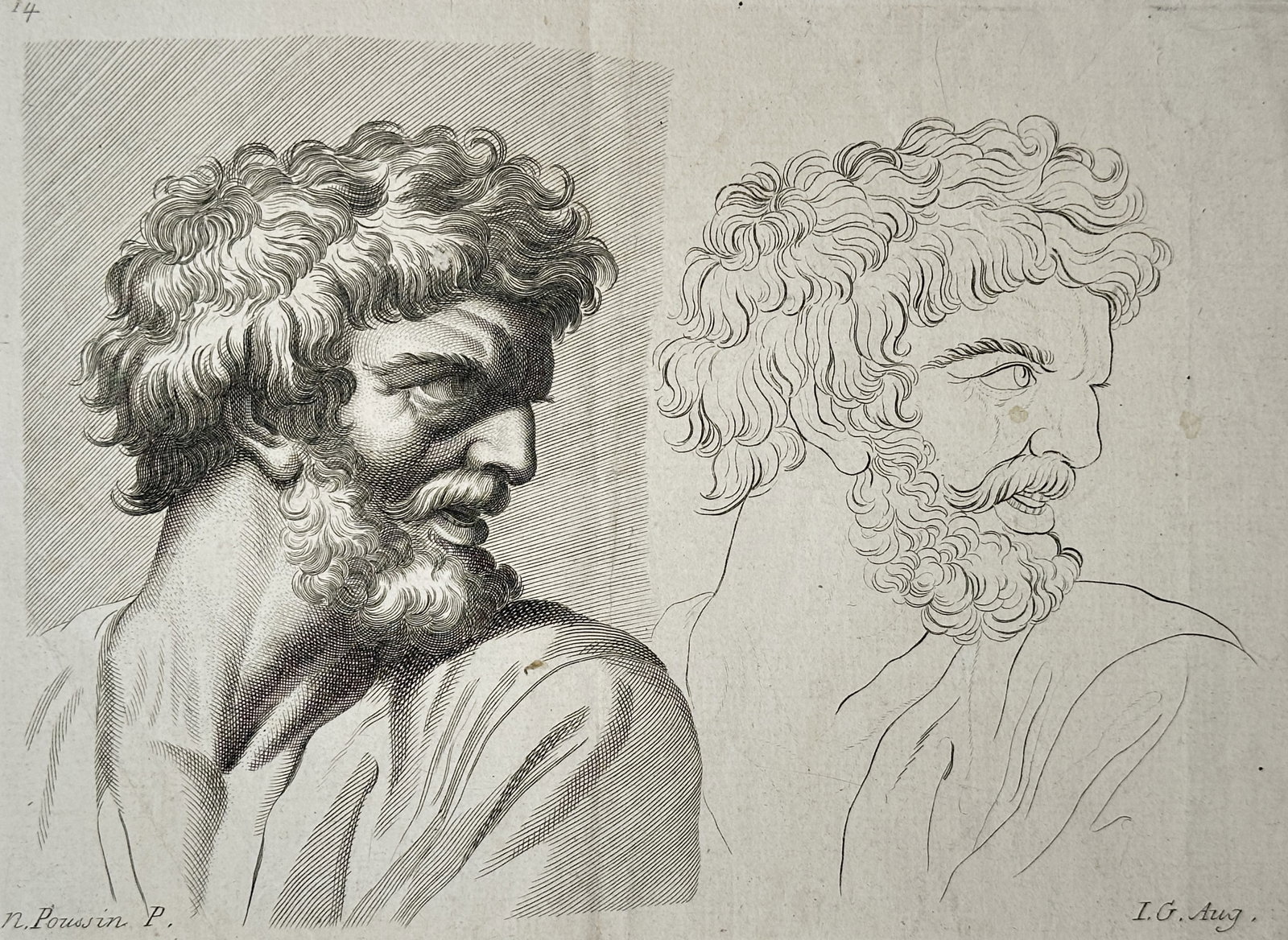 Nicolas Poussin – Profile Study – Engraving (18th Century): "Profile Study" This classical print illustrates two comparative studies of a bearded man's head shown in profile, with one rendered in detailed cross-hatched shading and the other in simple outline. 