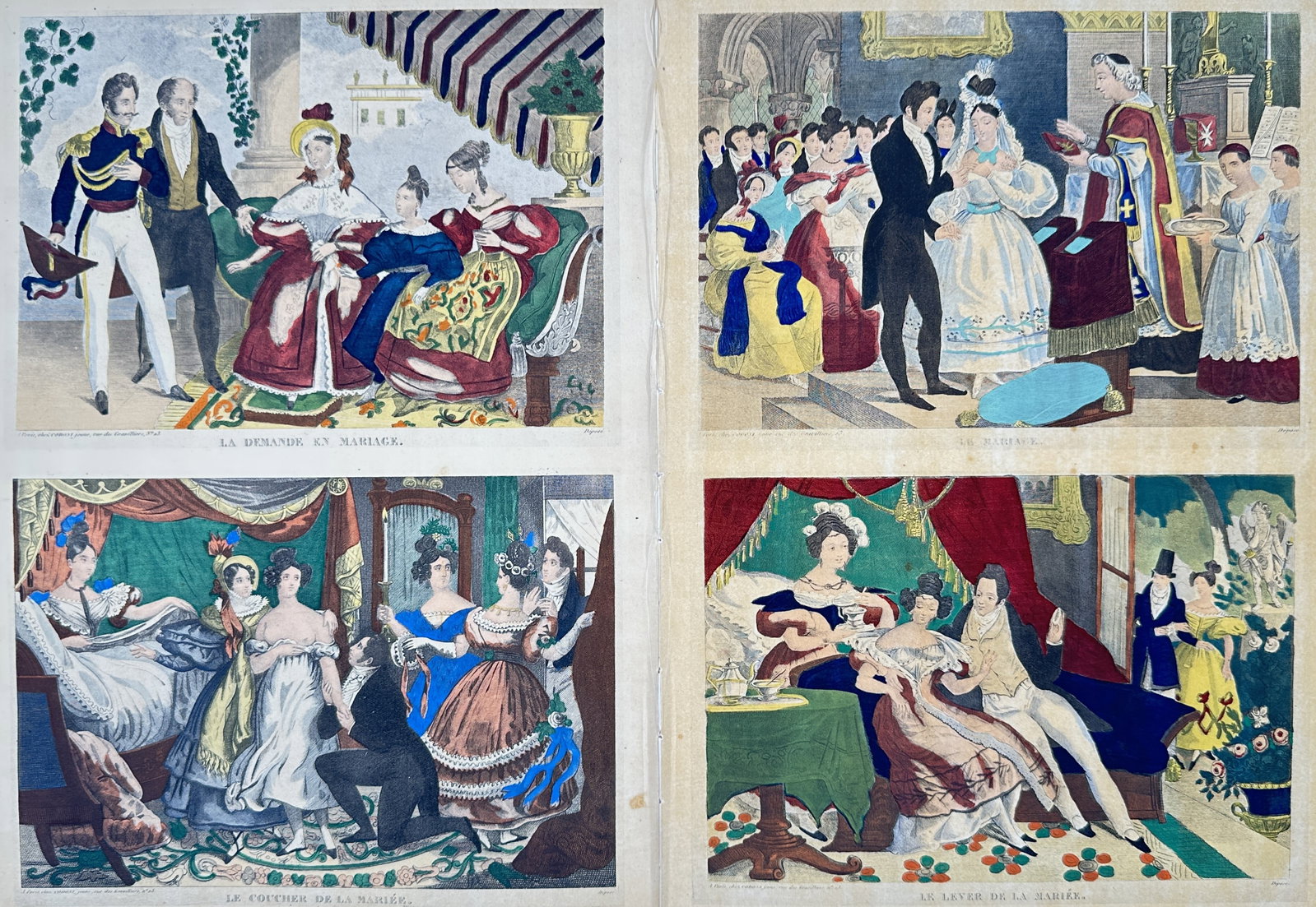L'Imagerie Parisienne – The Marriage Narrative – Lithograph (19th Century): "The Marriage Narrative" This narrative print illustrates four sequential scenes detailing the customary milestones of a traditional nineteenth-century wedding, featuring a marriage proposal, a formal