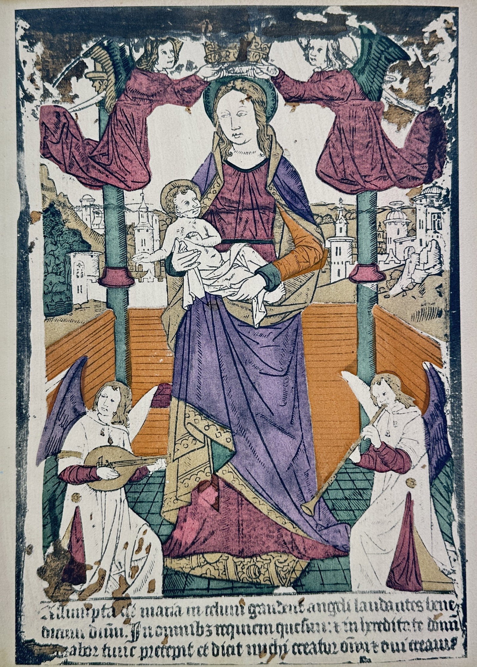 Philippe Pigouchet – Coronation of the Virgin with the Infant Christ – Woodcut (15th Century): "Coronation of the Virgin with the Infant Christ" This devotional print illustrates the Virgin Mary holding the infant Christ while being crowned by two descending angels, with musical angels kneeling