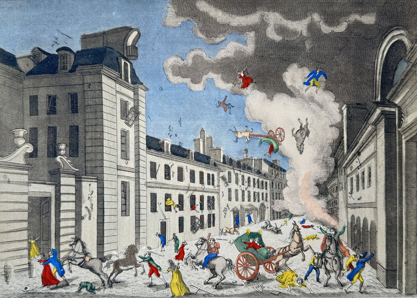 Paul-André Basset – Explosion of an Infernal Machine – Engraving (19th Century): "Explosion d'une machine infernale" This dramatic print illustrates the chaotic aftermath of the famous 1800 assassination attempt on Napoleon Bonaparte in Paris using an explosive device known as the