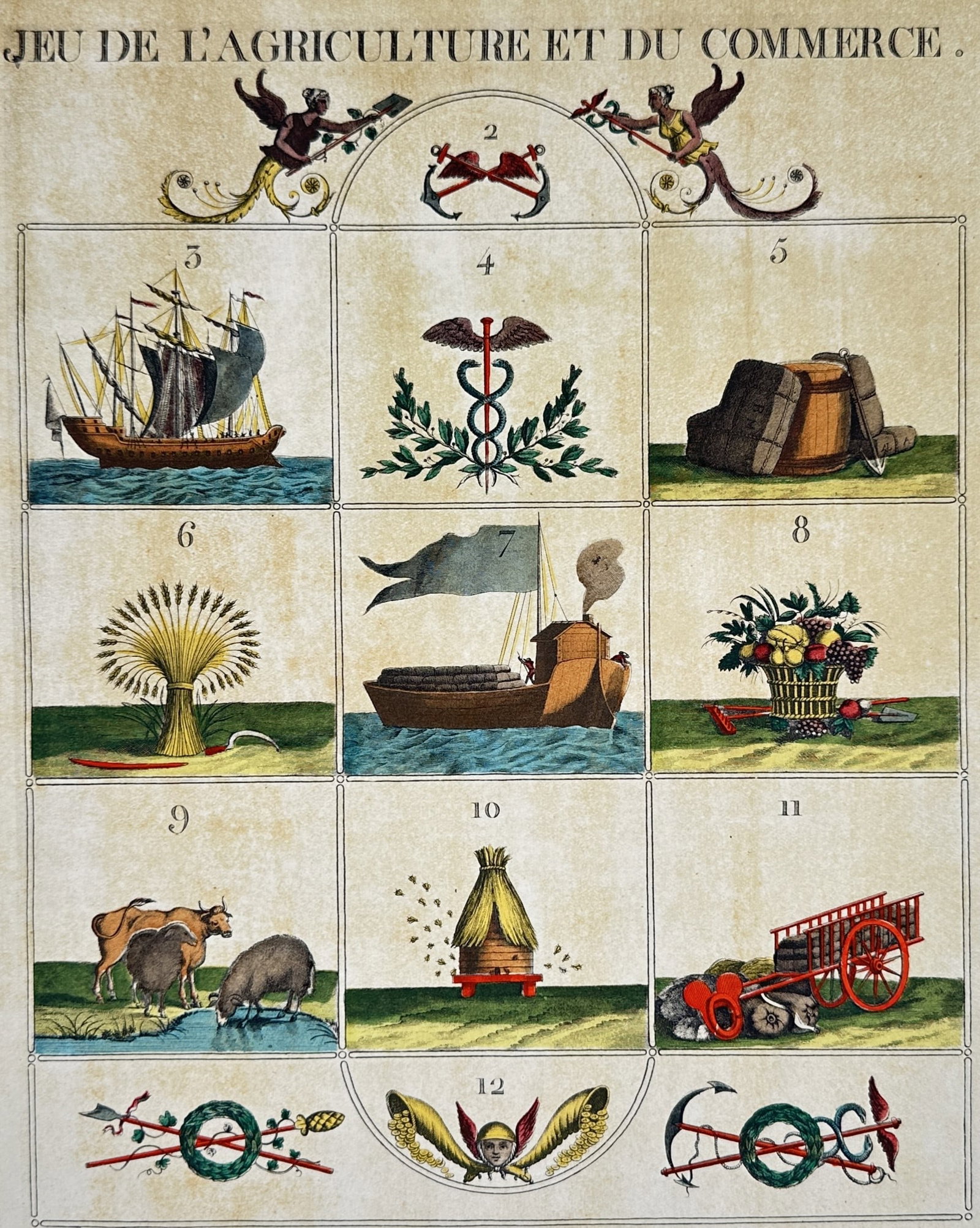Veuve Chéreau – Game of Agriculture and Commerce – Engraving (19th Century): "Jeu de l'Agriculture et du Commerce" This educational print illustrates a traditional French board game themed around trade and farming, featuring various symbolic compartments containing agricultura