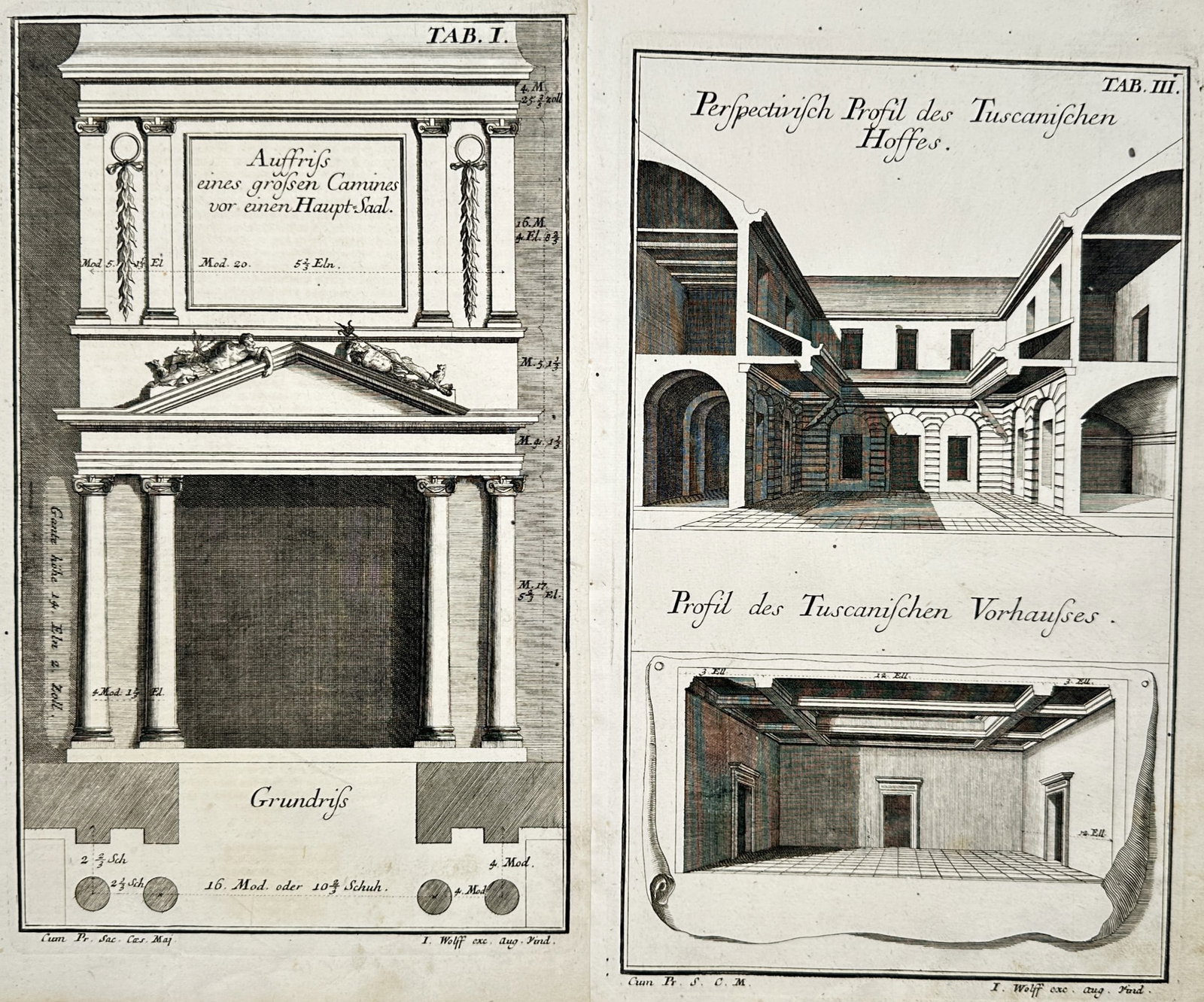 Nikolaus Goldmann – Set of 2: Architectural Studies of Fireplaces and Courtyards – Engravings: "Architectural Studies of Fireplaces and Courtyards" depicts classical design elevations and sectional views of monumental stone fireplaces and courtyard porticoes. These detailed schematic plates ill