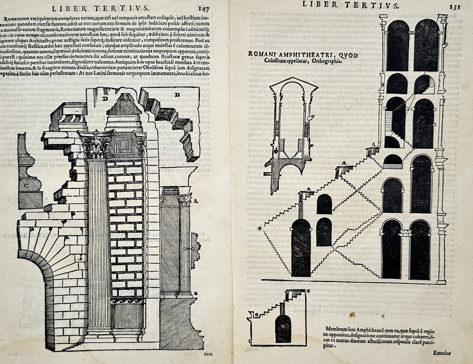 Sebastiano Serlio – Set of 2: Studies of Roman Antiquities and the Colosseum – Woodcuts (1 of 2)