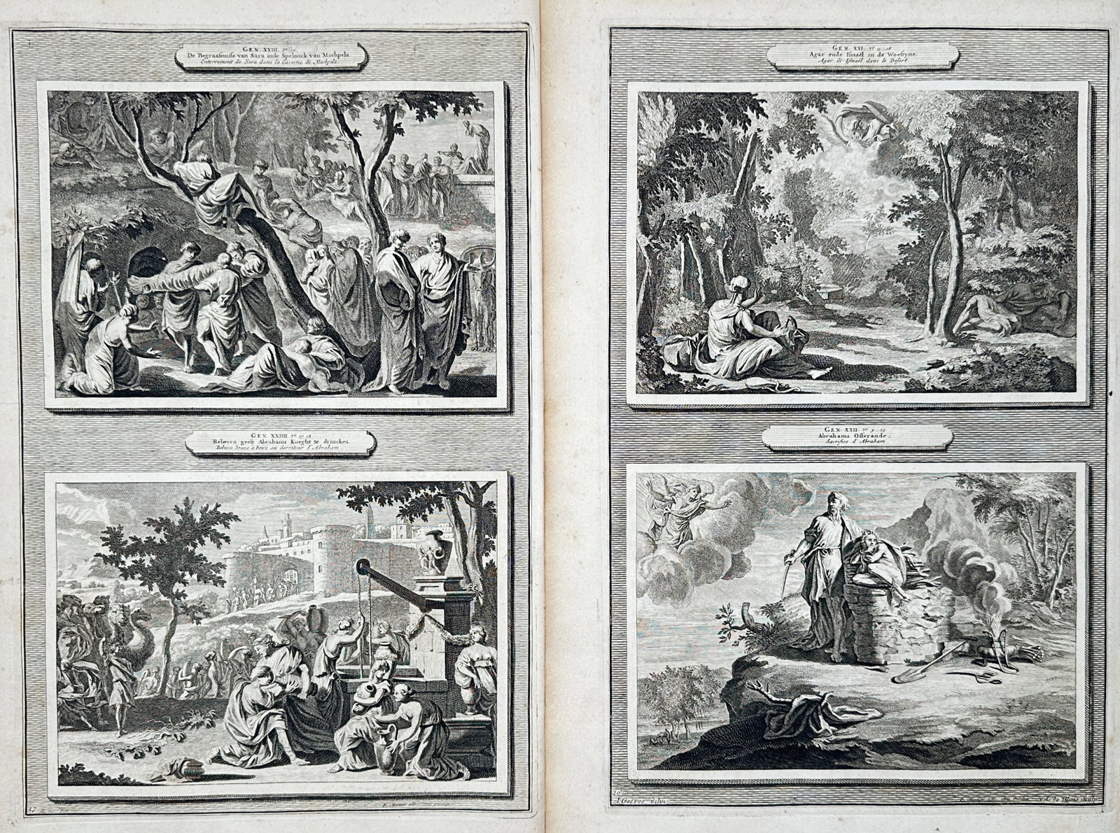 Pierre Mortier – Set of 2: Biblical Scenes from Genesis – Engravings (18th Century): "Biblical Scenes from Genesis" depicts a series of illustrated religious narratives from the Old Testament, showcasing figures in dramatic natural and architectural landscapes with classical drapery. 
