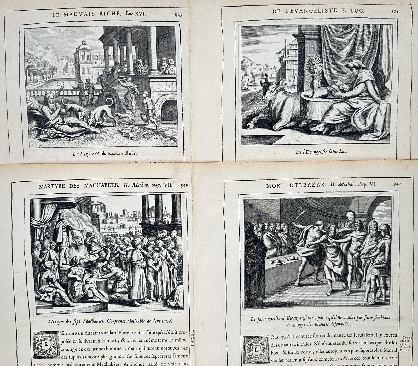 Nicolas Fontaine – Set of 4: Parables, Evangelists, and Martyrs of the Scriptures – Engravings: "Parables, Evangelists, and Martyrdoms of the Scriptures" depicts a collection of illustrated plates representing key biblical narratives, including the parable of Lazarus and the rich man, the writer