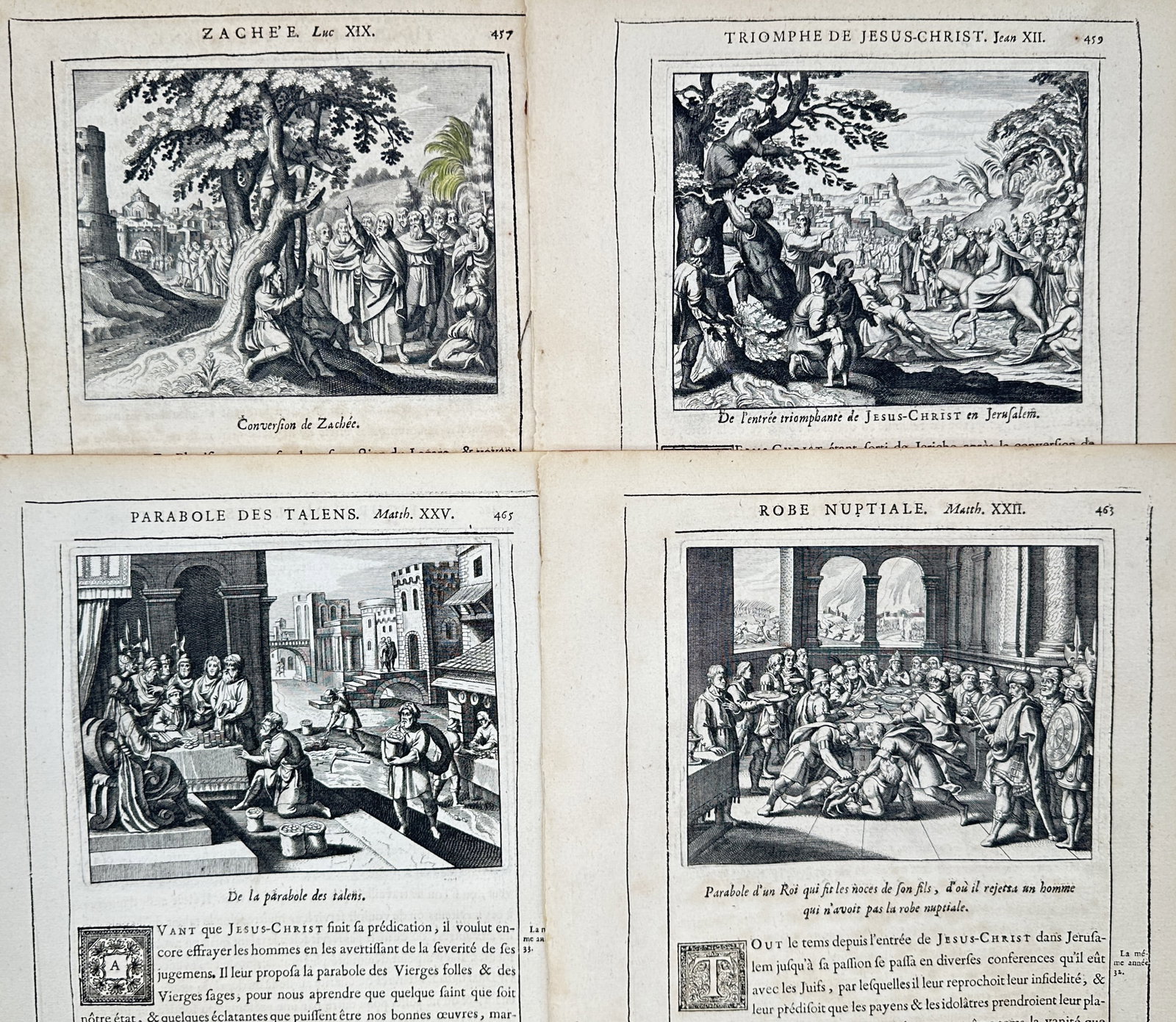 Nicolas Fontaine – Set of 4: New Testament Parables and Events – Engravings (17th Century): "New Testament Parables and Events" depicts a series of illustrative plates representing pivotal Christian narratives, including the conversion of Zacchaeus, the triumphal entry of Jesus into Jerusale