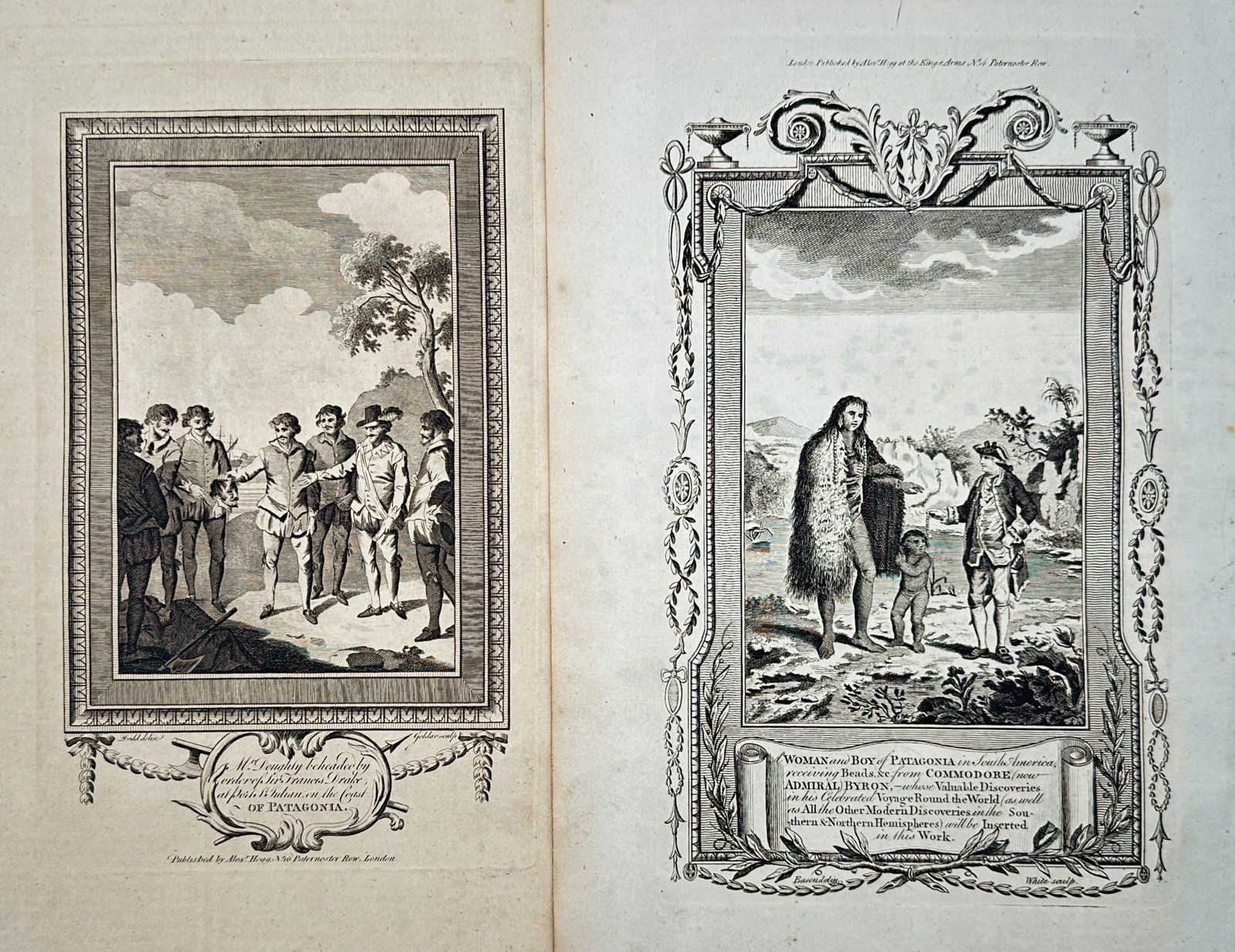 Alexander Hogg – Set of 2: Historical Encounters in Patagonia – Engravings (18th Century): "Historical Encounters in Patagonia" depicts two separate illustrated scenes of early European expeditions meeting native populations in South America, set within decorative, classical borders. These 