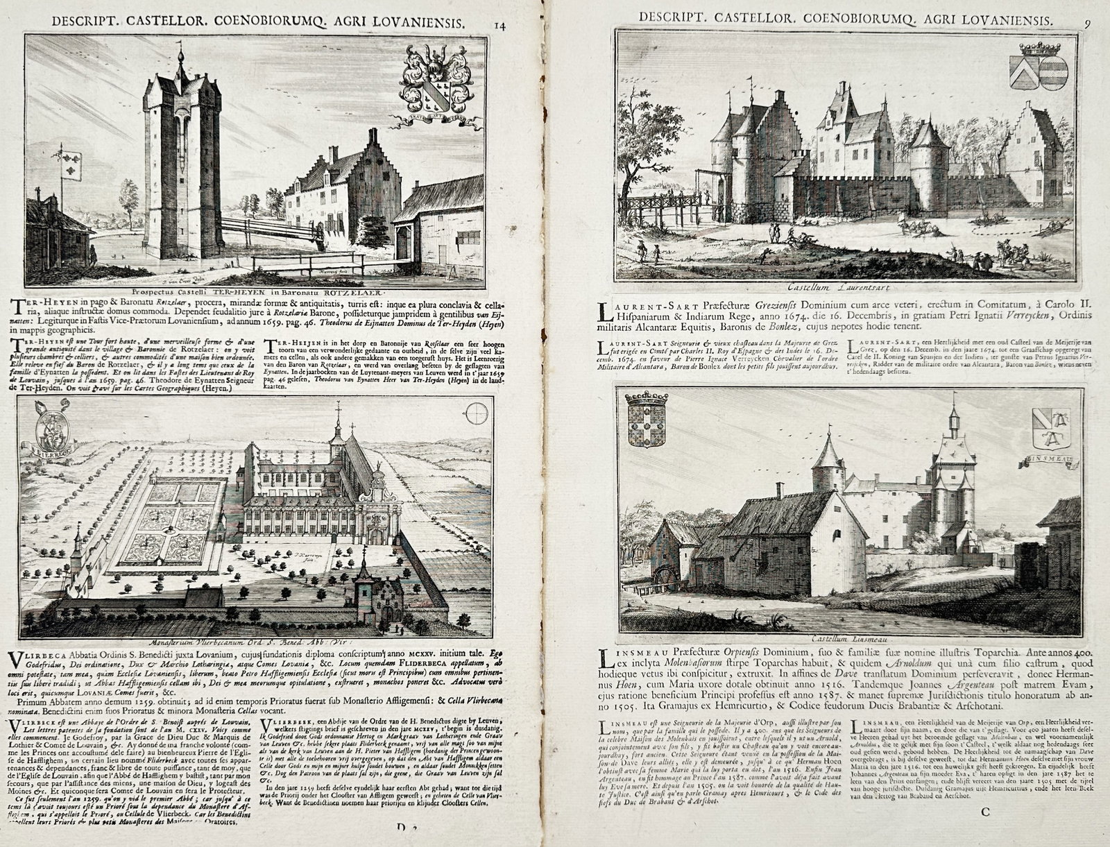 Jacques Le Roy – Set of 2: Castles and Abbeys of Louvain – Engravings (18th Century): "Castles and Abbeys of Louvain" depicts detailed topographical views of historical estates, fortresses, and monastic complexes in the region of Louvain, accompanied by coat of arms insignia and multi-