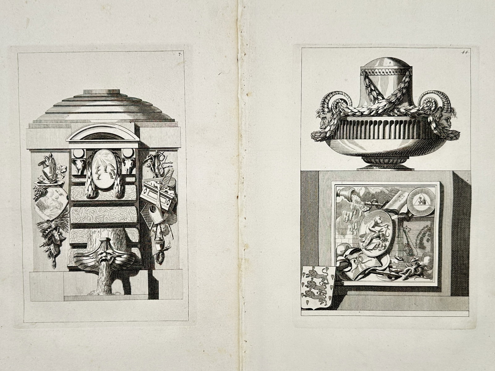 Jean-Charles Delafosse – Set 2: Studies of Neoclassical Urns and Monuments – Engraving: "Studies of Neoclassical Urns and Monuments" depicts highly decorative neoclassical designs showcasing a monumental fountain structure with a central medallion and an ornate fluted urn adorned with he