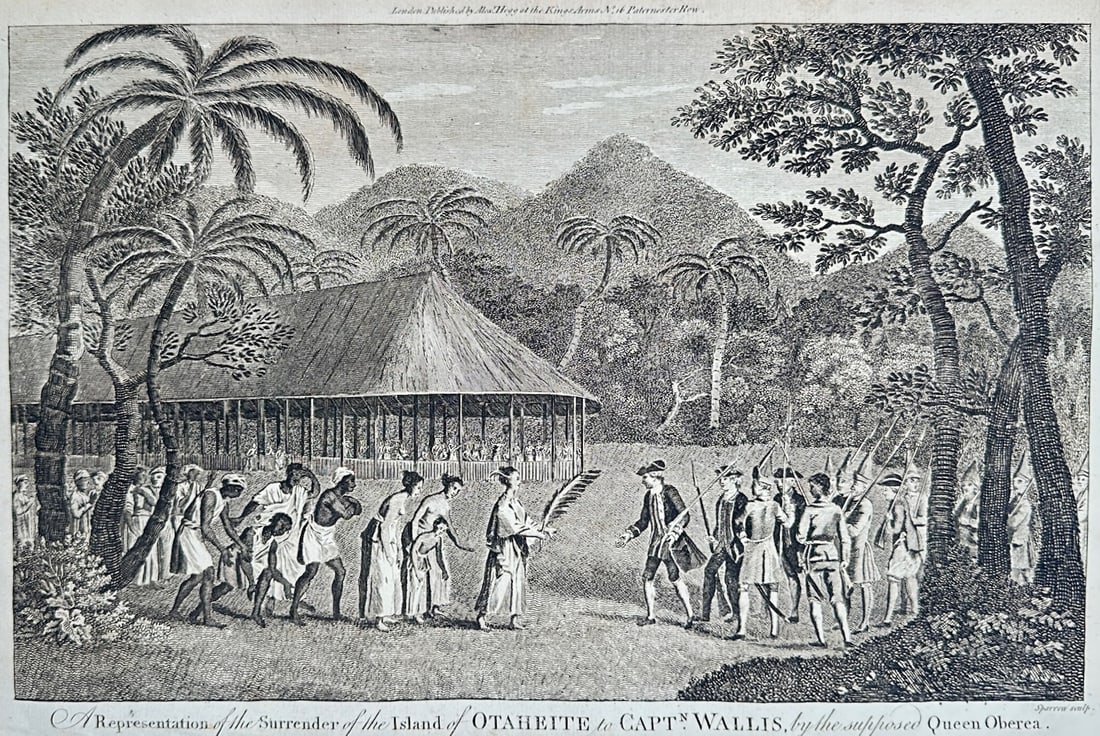 Alexander Hogg – A Representation of the Surrender of the Island of Otaheite – Engraving: "A Representation of the Surrender of the Island of Otaheite to Captain Wallis, by the Supposed Queen Oberea" This engraving illustrates a historical encounter showing an Indigenous leader presenting 