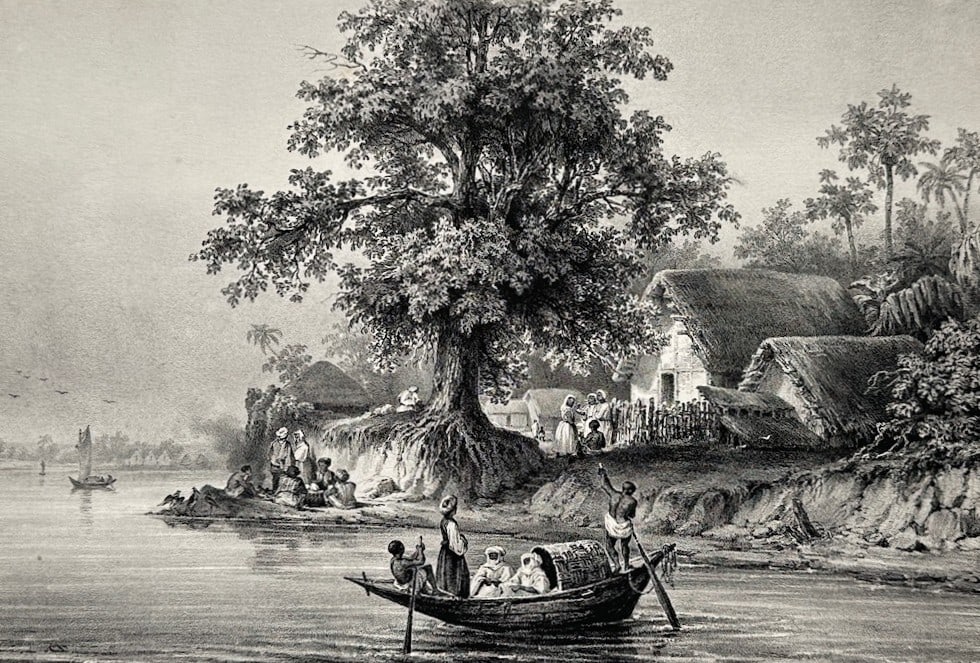 Barthelemy Lauvergne – View Taken on the Banks of the Hooghly – Lithograph (19th Century): "View Taken on the Banks of the Hooghly" This topographical print illustrates a scenic riverbank along the Hooghly River in India, featuring traditional dwellings, lush tropical foliage, and figures n