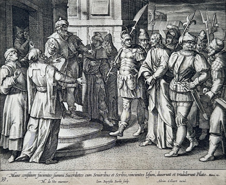 Marten de Vos – Christ Before Pilate – Engraving (16th Century): "Christ Before Pilate" This engraving illustrates the biblical narrative of Christ being led bound before Pontius Pilate, surrounded by high priests, elders, scribes, and Roman soldiers within a class