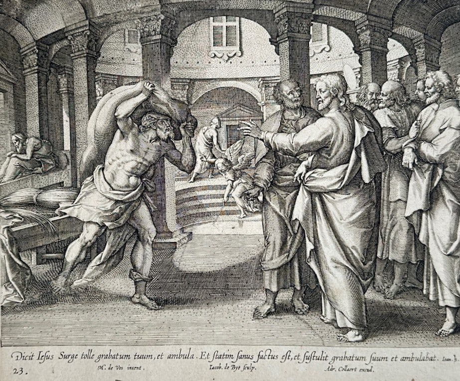Marten de Vos – Christ Healing the Paralytic – Engraving (16th Century): "Christ Healing the Paralytic" This engraving illustrates the biblical narrative of Christ performing a miracle, surrounded by followers and a figure carrying a bed within a classical architectural se