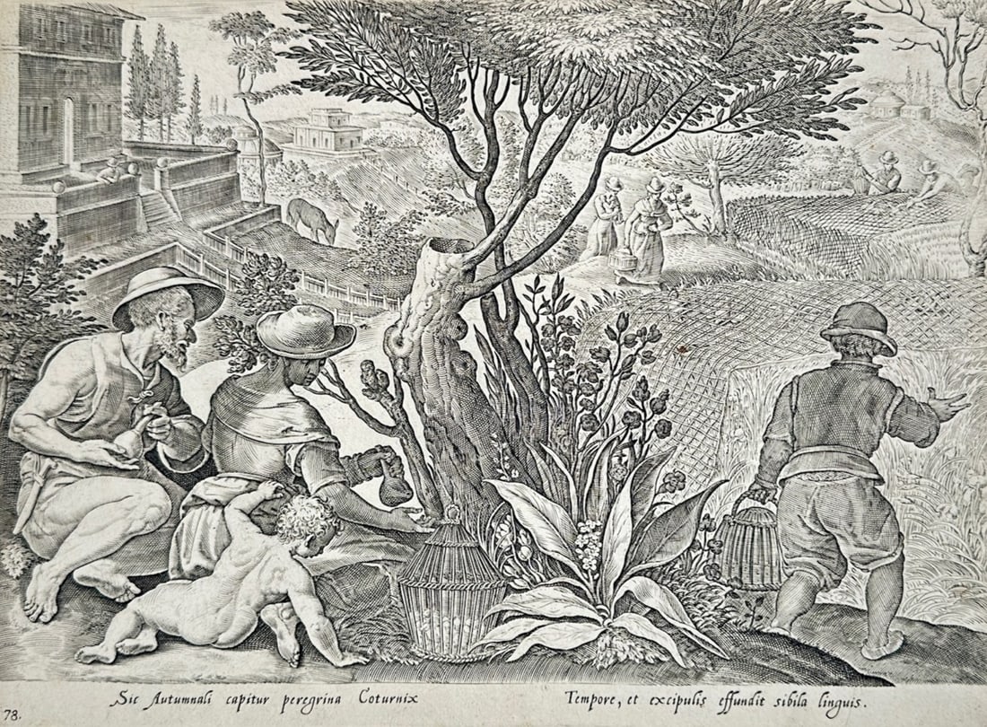 Marten de Vos – Autumnal Quail Hunting – Engraving (16th Century): "Autumnal Quail Hunting" This engraving illustrates an autumnal landscape filled with rustic figures engaged in quail trapping and harvesting activities amidst fields, leafy trees, and distant buildin