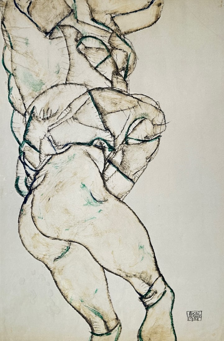 Egon Schiele,after – Female Figure Study – Offset lithograph (20th Century): "Female Figure Study" This figurative print illustrates an expressive and stylized study of a female form rendered with contorted, energetic line work. The work was published during the twentieth cent