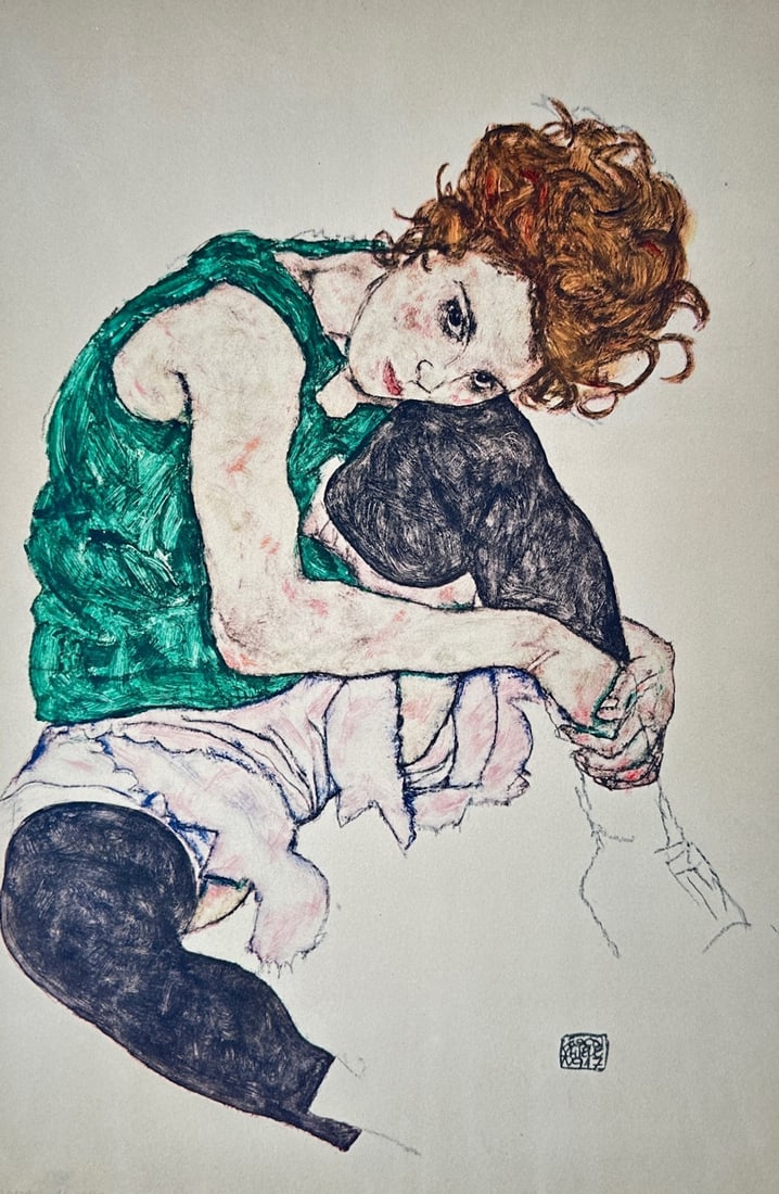 Egon Schiele,after – Seated Woman with Drawn-up Knee – Offset lithograph (20th Century): "Seated Woman with Drawn-up Knee" This figurative print illustrates an expressive study of a seated woman resting her head on her knee, rendered with bold green tones and characteristic fluid line wor