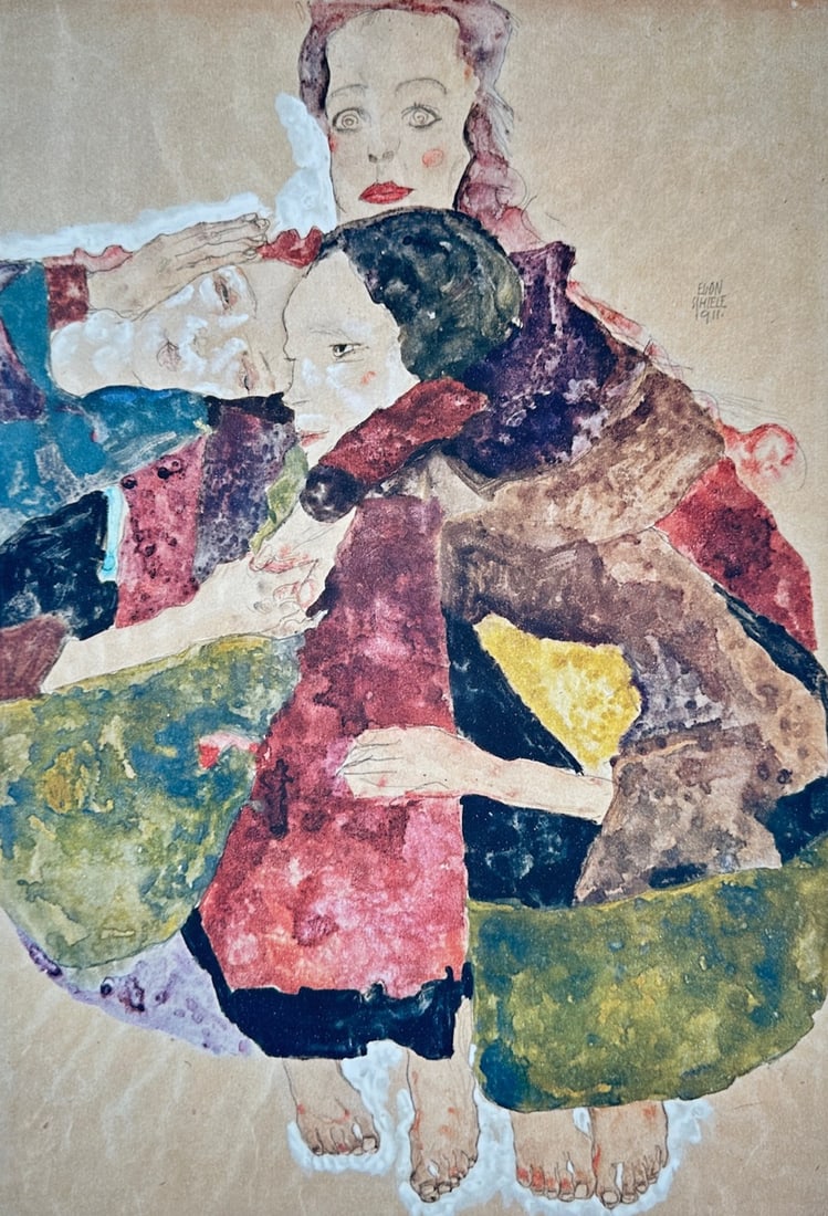 Egon Schiele,after – Mother with Two Children – Offset lithograph (20th Century): "Mother with Two Children" This figurative print illustrates an expressive and stylized study of a mother embracing two young children rendered with deep autumnal tones and fluid line work. The work w