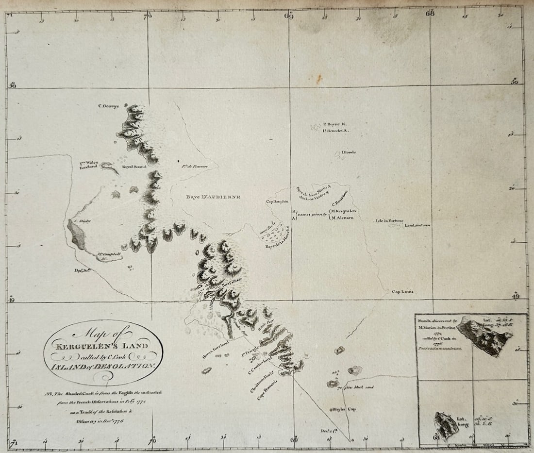 Alexander Hogg – Map of Kerguelen's Land – Indian Ocean – Engraving (18th Century): "Map of Kerguelen's Land" This cartographic print illustrates a coastal chart of the territory also known as the Island of Desolation, outlining its shorelines, bays, and surrounding rocky islands. Th