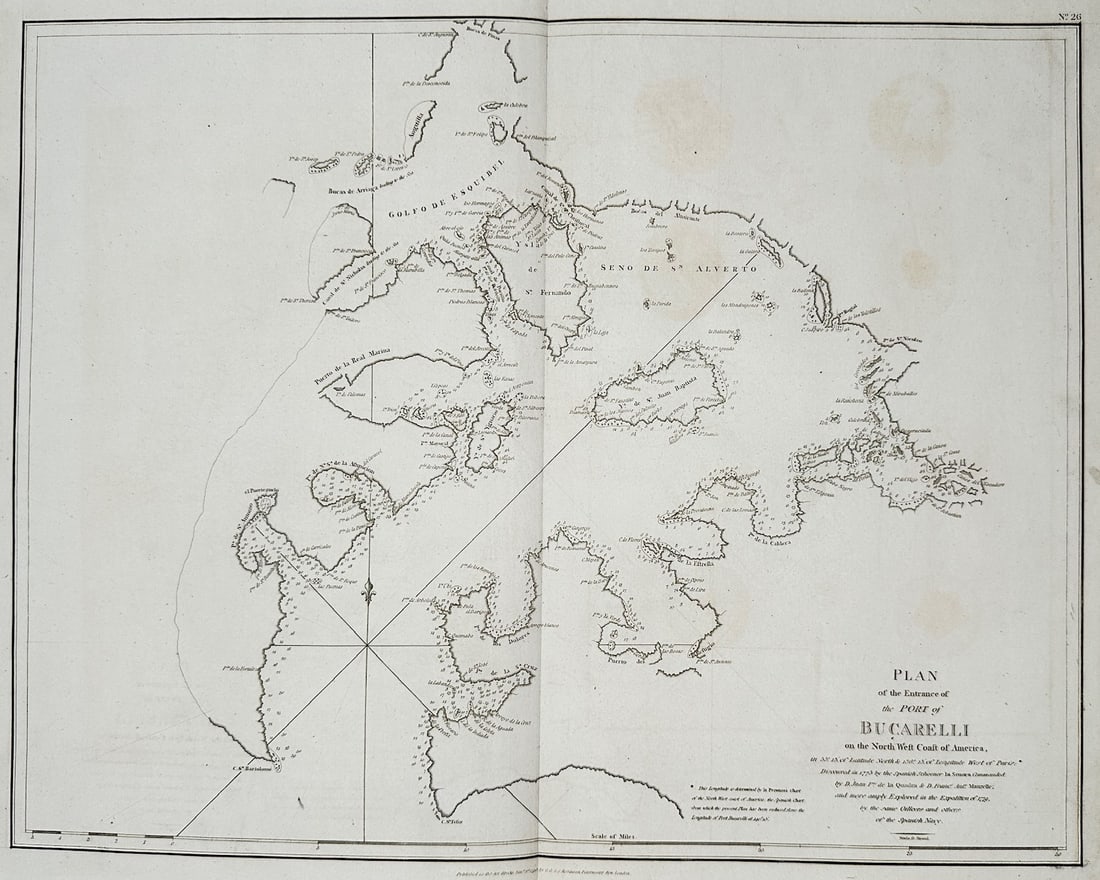 Francisco Antonio Mourelle – Map of Port Bucarelli – North West Coast of America – Engraving: Plan of the Entrance of the Port of Bucarelli This cartographic print illustrates a detailed coastal chart showing the complex network of islands, channels, and bays forming the port along the northwe
