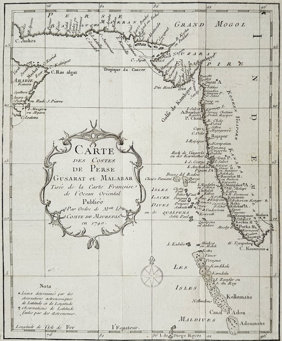 Jacques Nicolas Bellin – Map of the Coasts of Persia, Gujarat, and Malabar – India and Middle: "Carte des Costes de Perse, Gusarat, et Malabar" This cartographic print illustrates a detailed maritime chart of the western coast of India and the southern coast of Persia, detailing major ports, is