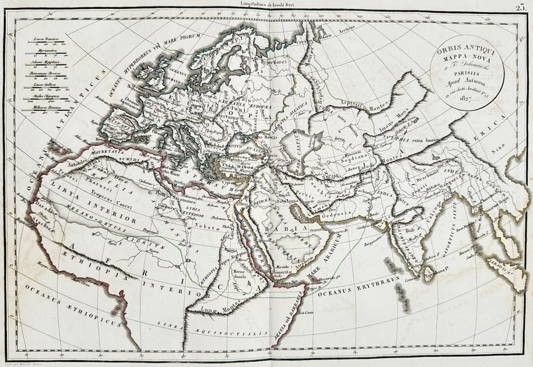 Felix Delamanche – Map of the Ancient World – Europe, Asia, and Africa – Engraving (1828): "Orbis Antiqui Mappa Nova" This cartographic print illustrates a classical map of the Eastern Hemisphere according to ancient geography, outlining the territories, mountain ranges, and rivers of Europ