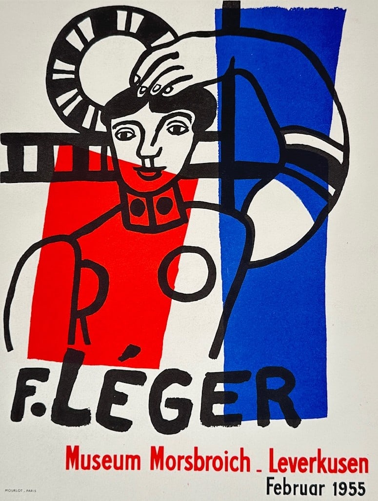 Fernand Leger,after – Exhibition Poster for Museum Morsbroich Leverkusen – Offset print: "Museum Morsbroich Leverkusen" This exhibition poster print illustrates a stylized portrait of a figure with bold black outlines set against primary colored fields of red, white, and blue accompanied 