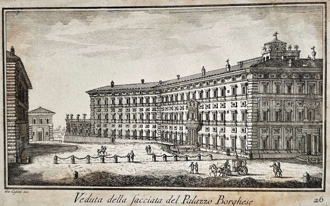 Giovanni Maria Cassini – Architectural Study of Palazzo Borghese – Engraving (18th Century): "View of the Facade of the Palazzo Borghese" This architectural print illustrates a detailed view of the expansive facade of the Palazzo Borghese in Rome with figures and a carriage in the forecourt. 