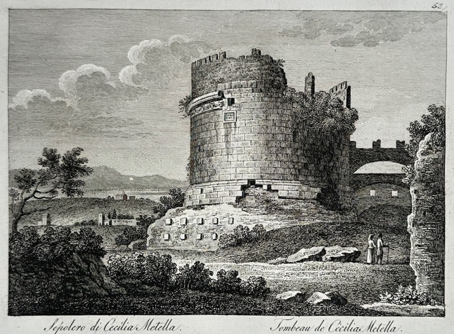 Pietro Parboni – Architectural Study of the Tomb of Caecilia Metella – Engraving (19th Century): "Tomb of Caecilia Metella" This architectural print illustrates a detailed view of the ancient circular mausoleum of Caecilia Metella along the Appian Way, showing its stone construction, medieval for