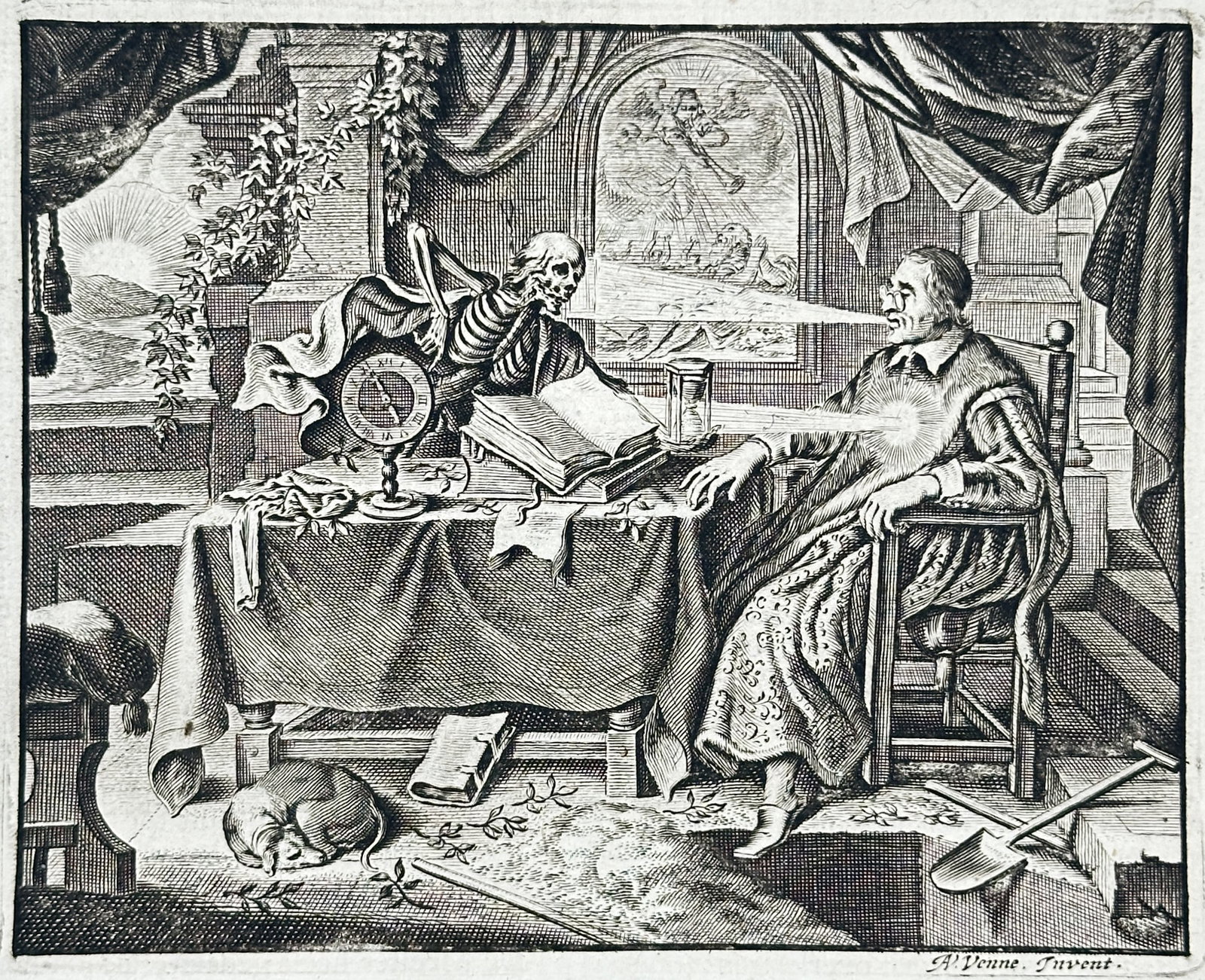 Jacob Cats – Dialogue Between Soul and Body – Engraving (17th Century): "Samen-Spraeck, Tusschen Ziel en Lichaem" This emblem print illustrates a symbolic dialogue between a skeleton representing the soul and a seated man representing the body within a seventeenth-century