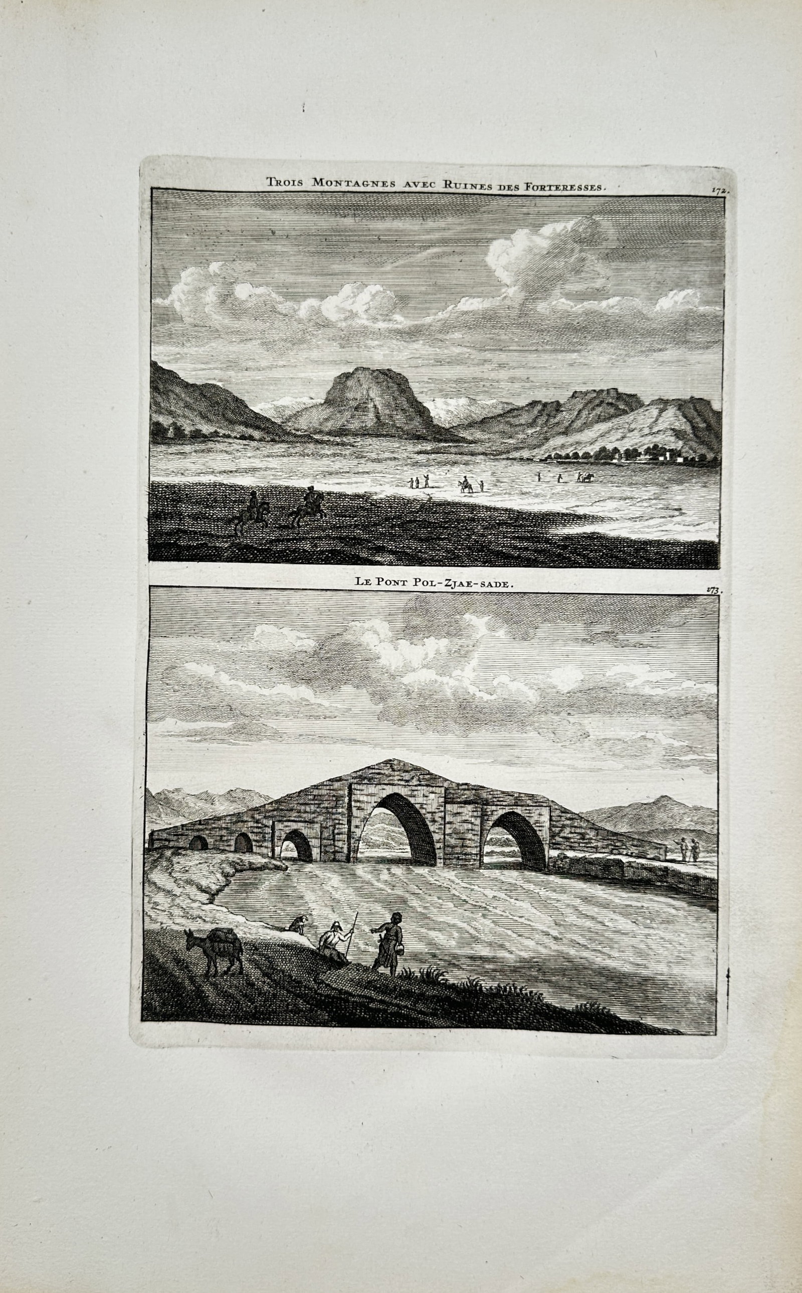 Cornelis de Bruyn – Three Mountains with Fortress Ruins and the Pol-zjax-sade Bridge – Engraving: "Three Mountains with Ruins of Fortresses and the Pol-zjax-sade Bridge" This classical print illustrates scenic landscapes of the Middle East featuring a rugged mountainous vista with travelers and a 