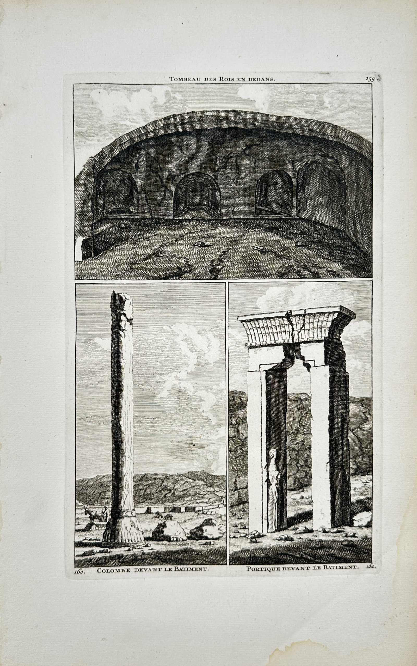Cornelis de Bruyn – Tomb of the Kings on the Inside, Column and Portico in Front of the Building: "Tomb of the Kings on the Inside, Column and Portico in Front of the Building" This classical print illustrates ancient architectural ruins of the Middle East featuring a vaulted chamber with arched a