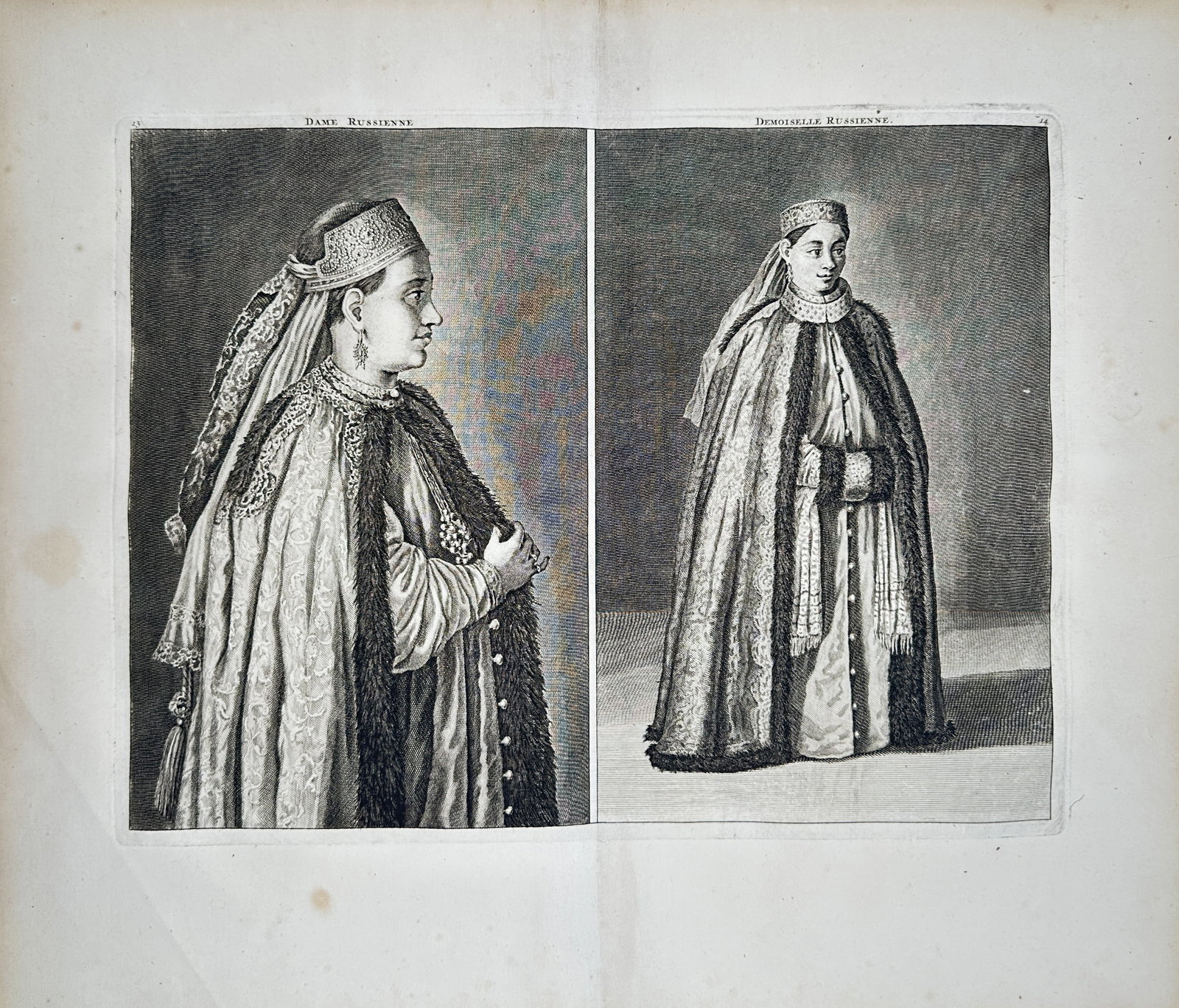 Cornelis de Bruyn – Russian Lady and Russian Maiden – Engraving (17th Century): "Dame Russienne and Demoiselle Russienne" This classical print illustrates traditional historical attire featuring a profile depiction of a noblewoman in a decorated headdress alongside a full-length 