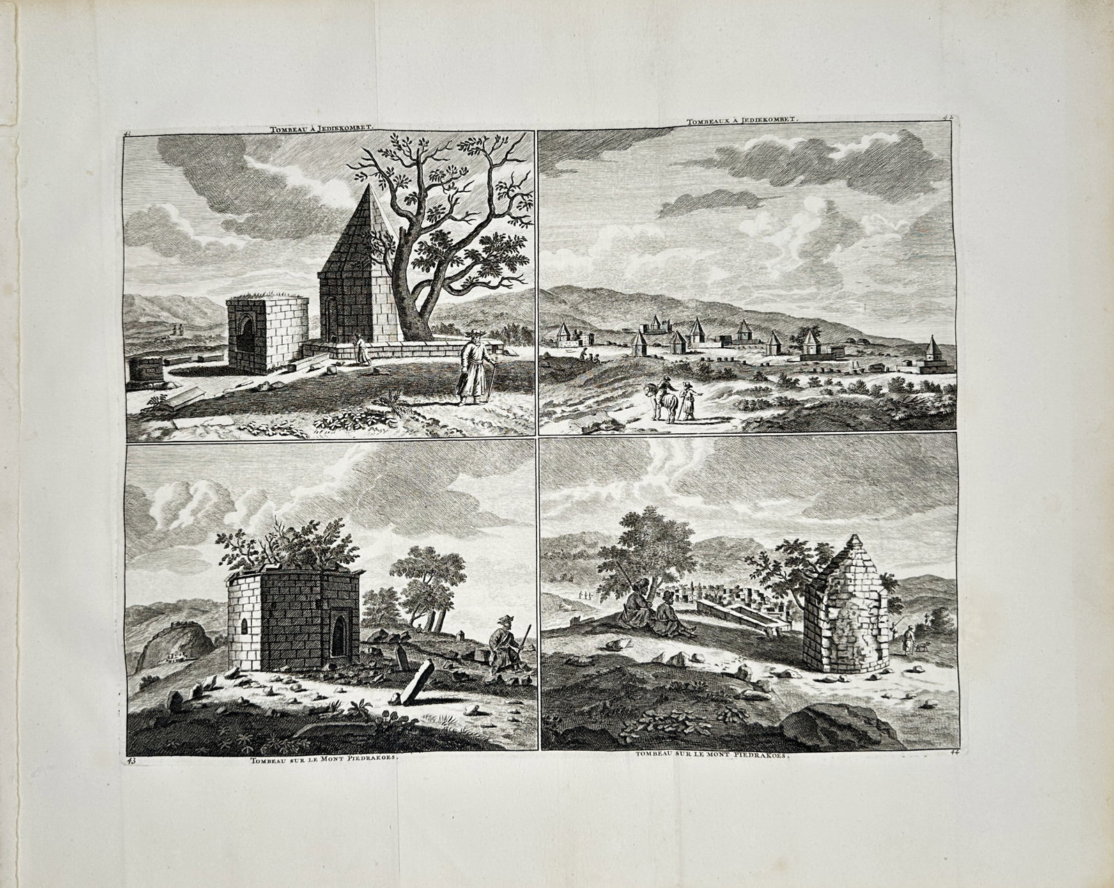 Cornelis de Bruyn – Tombs at Jehoukombet and on Mount Filgrazoes – Engraving (17th Century): "Tombs at Jehoukombet and on Mount Filgrazoes" This classical print illustrates ancient stone sepulchers and architectural tomb structures situated within rolling landscapes populated by travelers and