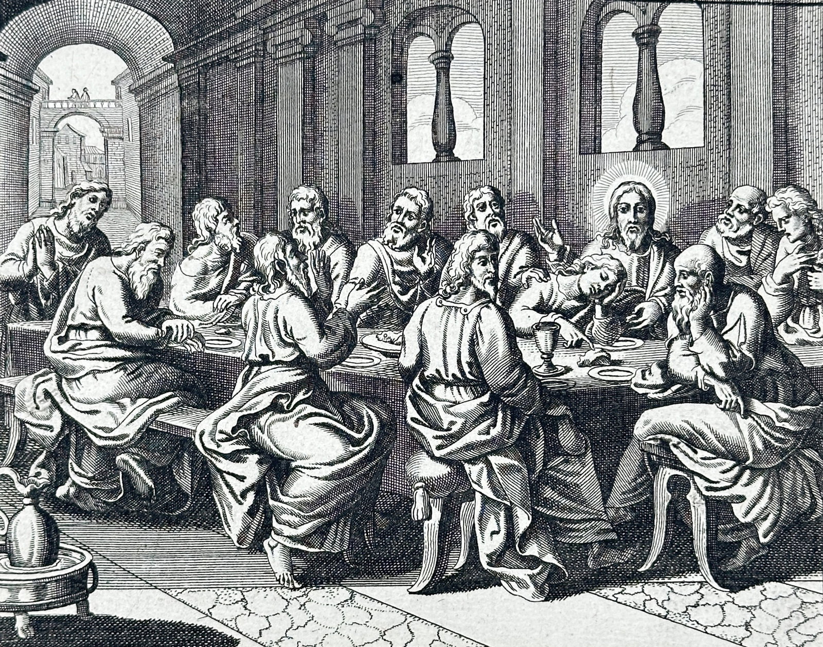 Nicolas Fontaine – The Last Supper – Engraving (17th Century): "La Cene" This classical print illustrates the biblical scene of the Last Supper featuring Jesus Christ and his disciples gathered around a long table within an architectural hall. The work comes from