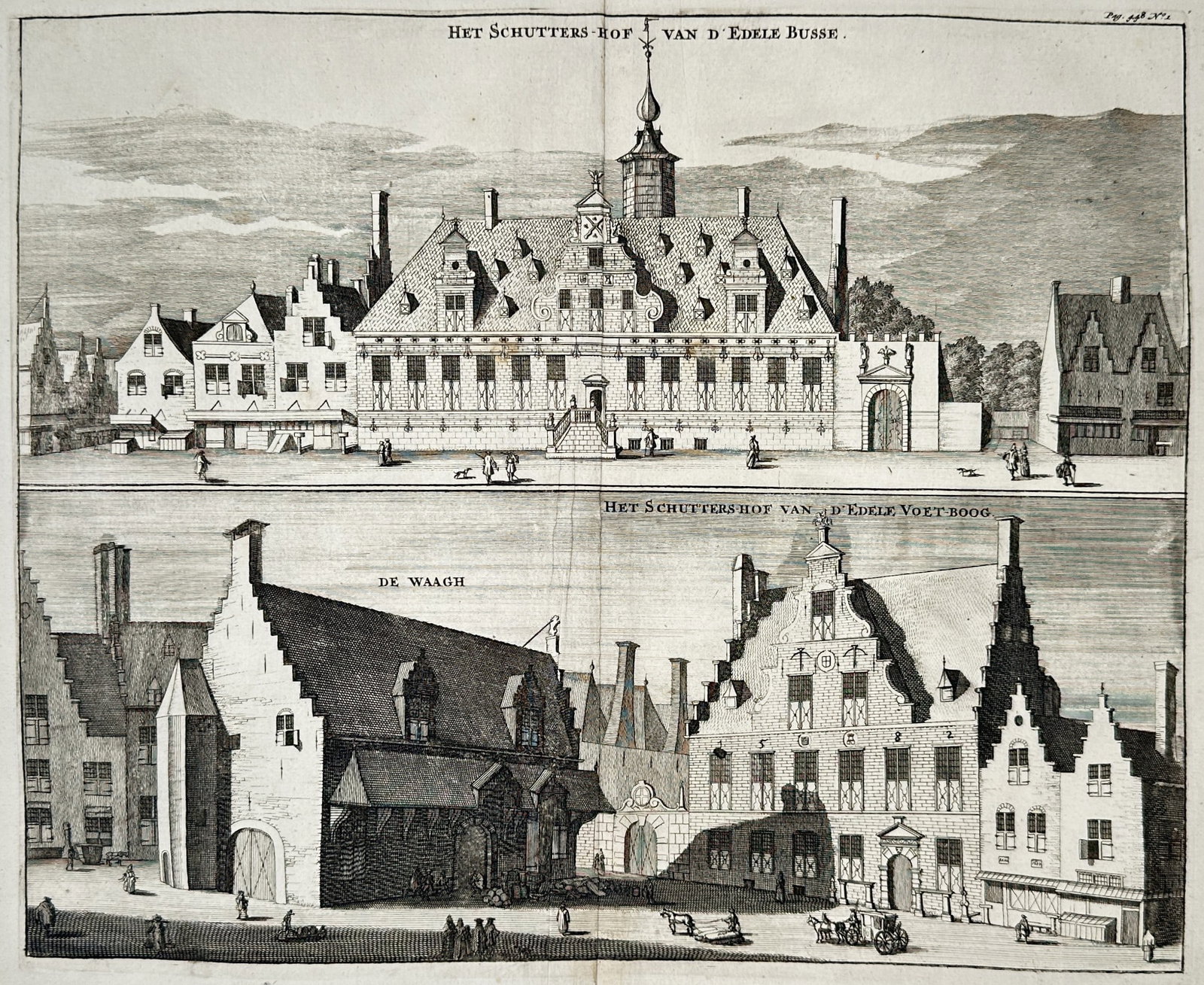 Mattheus Smallegange – The Civic Guard Houses and the Weigh House – Engraving (1696): "The Civic Guard Houses and the Weigh House" depicts several landmark civic buildings and historical structures within a town, showcasing classic Dutch architecture and active street scenes with horse