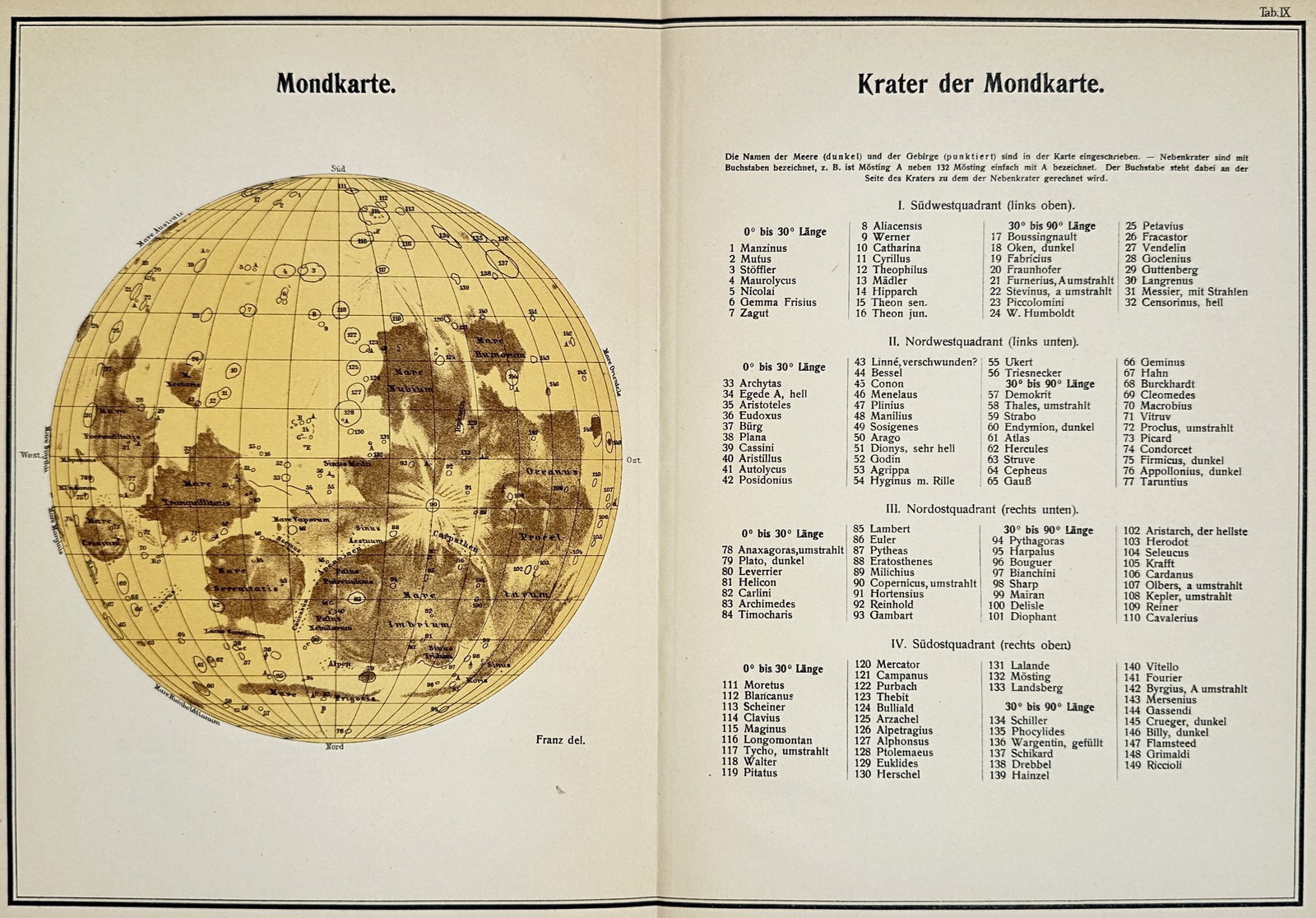 Edmund Weiss – View of the Moon – Lithograph (1888): "Map of the Moon" depicts a spherical lunar map alongside a detailed index of craters organized by their respective quadrants. Published in 1888, this scientific illustration maps out the geographical