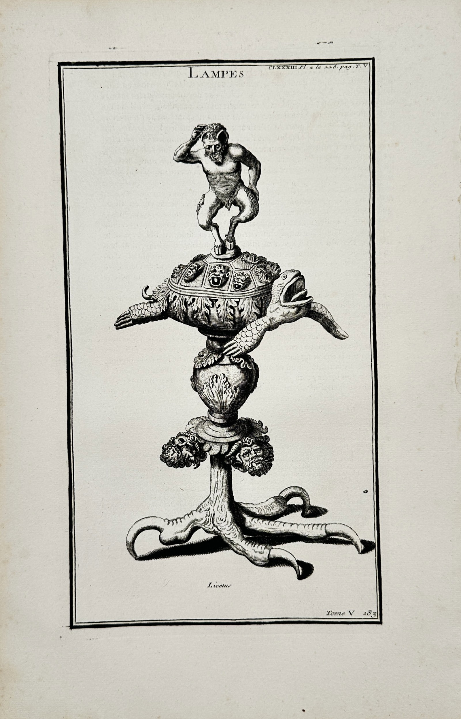 Bernard de Montfaucon – Ancient Lamps – Engraving (18th Century): "Ancient Lamps" depicts an ornate, classical oil lamp stand featuring a satyr figure perched atop a decorative vessel supported by an elaborate clawed tripod base. Published during the eighteenth cent